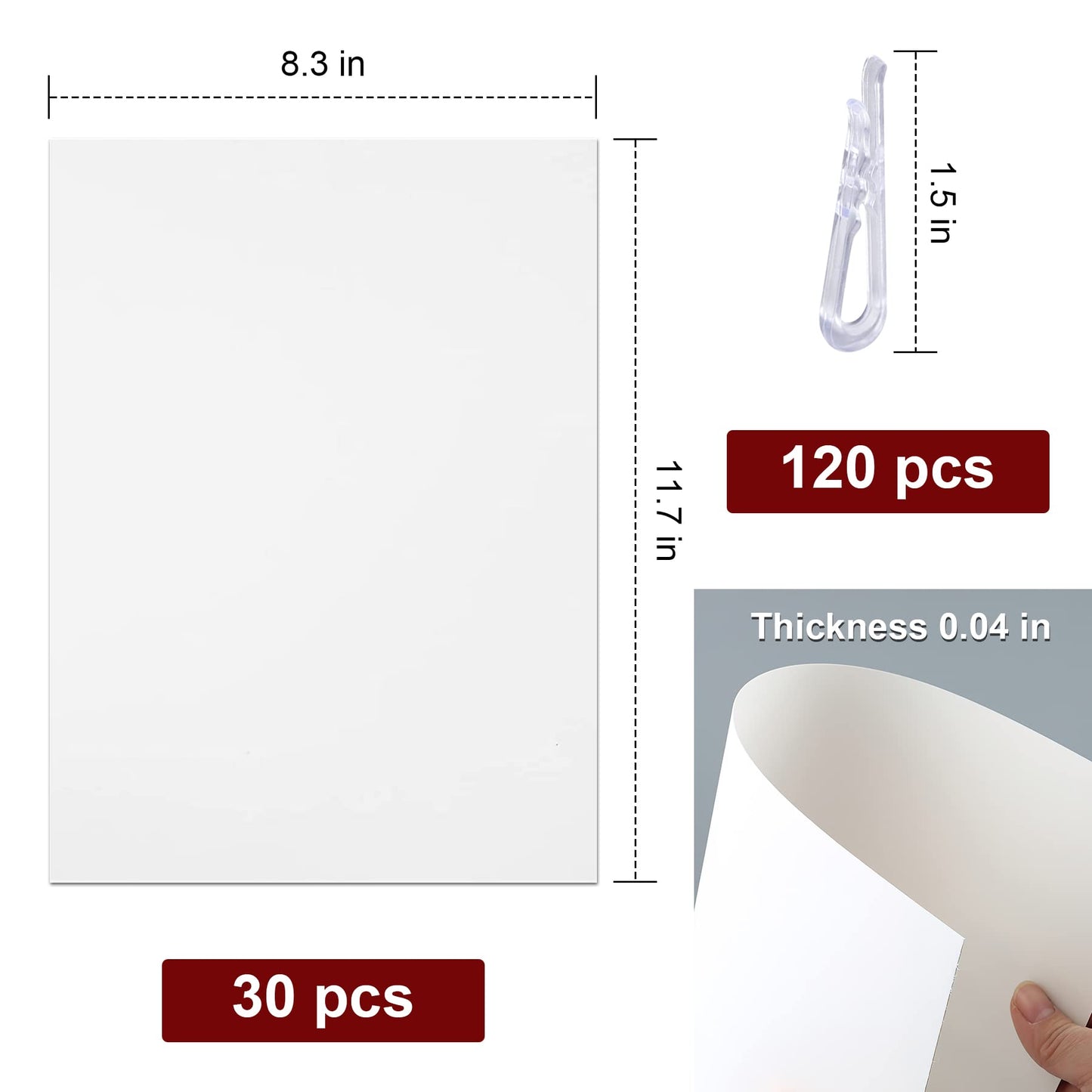 30 Pcs Thicken Comic Book Boards and 120 Pcs Clear U Shape Plastic Alligator Clips, Thickness 1 mm Fabric Organizer Boards for Folding and Storing Fabric, 7.5 x 10.6 Inch (30)