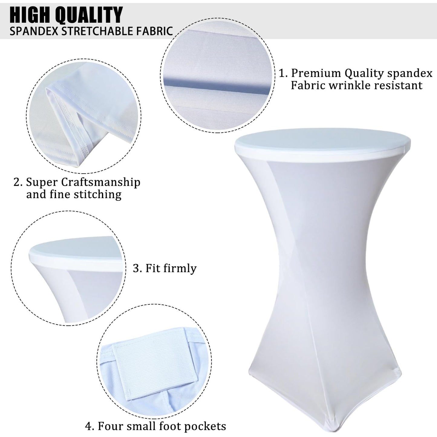 White Cocktail Spandex Stretch Square Corners Tablecloth Set of 4Pack|32"x43" Cocktail Round Tablecloth|Stain 、Wrinkle Resistant、Washable for Bar Wedding Cocktail Party Banquet Table
