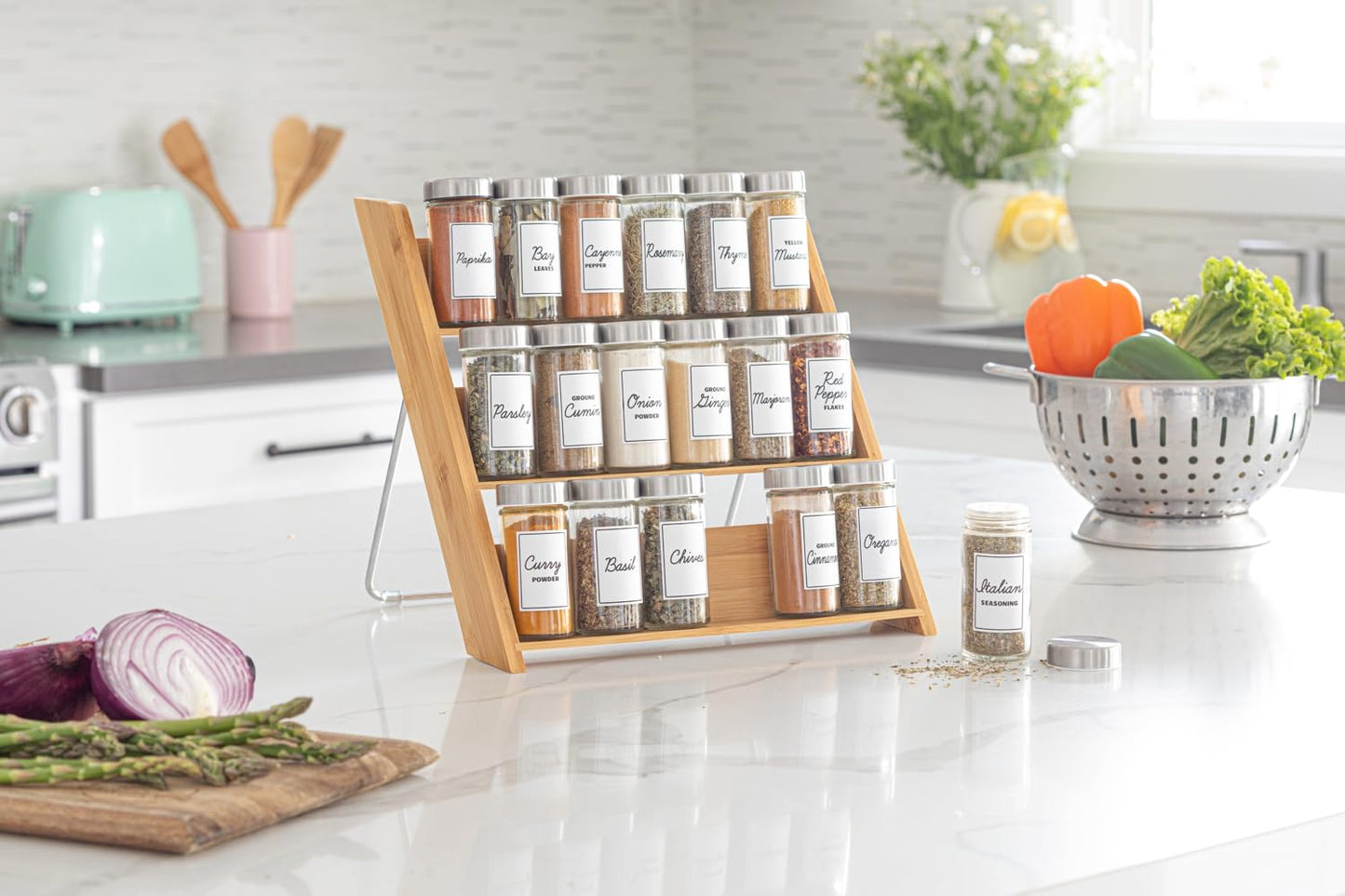 Orii 18 Jar Bamboo Compact Spice Organizer for Countertop and Kitchen Drawer, Filled with Spices