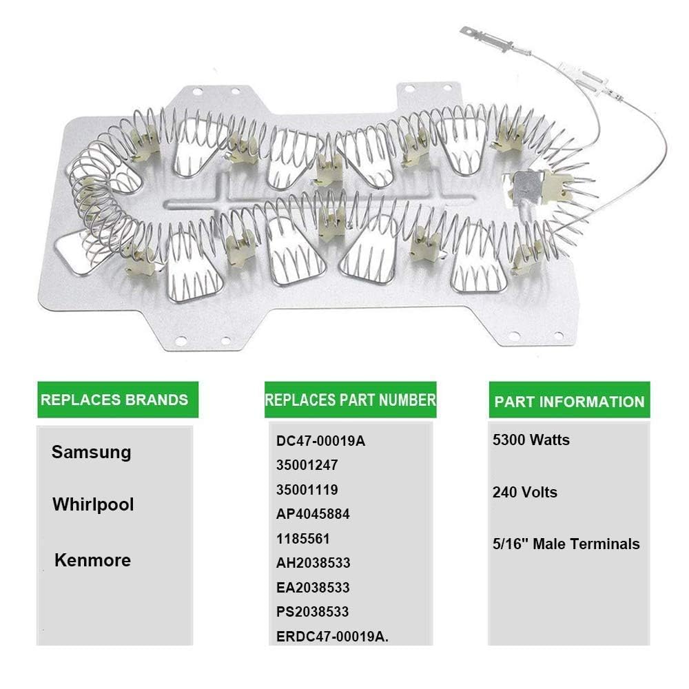 Podoy DC47-00019A Dryer Heating Element- 95% Nickel+ - Compatible with Sam-sung Ken-more Dryer Parts DC47-00019A with DC47-00016A, DC47-00018A Dryer Thermostat, DC96-00887A Dryer Thermal Fuse Parts