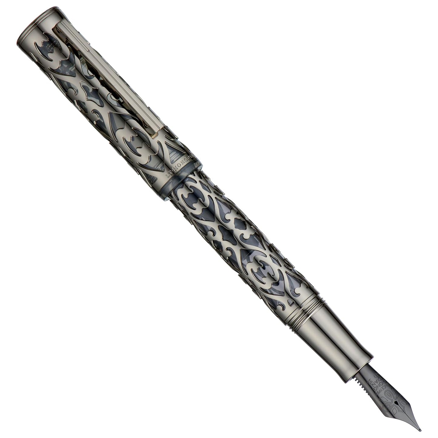 Hongdian D1 Piston Fountain Pen Fine Soft Nib, Jet Black Hollow Skeleton & Resin Pen with Metal Case Set