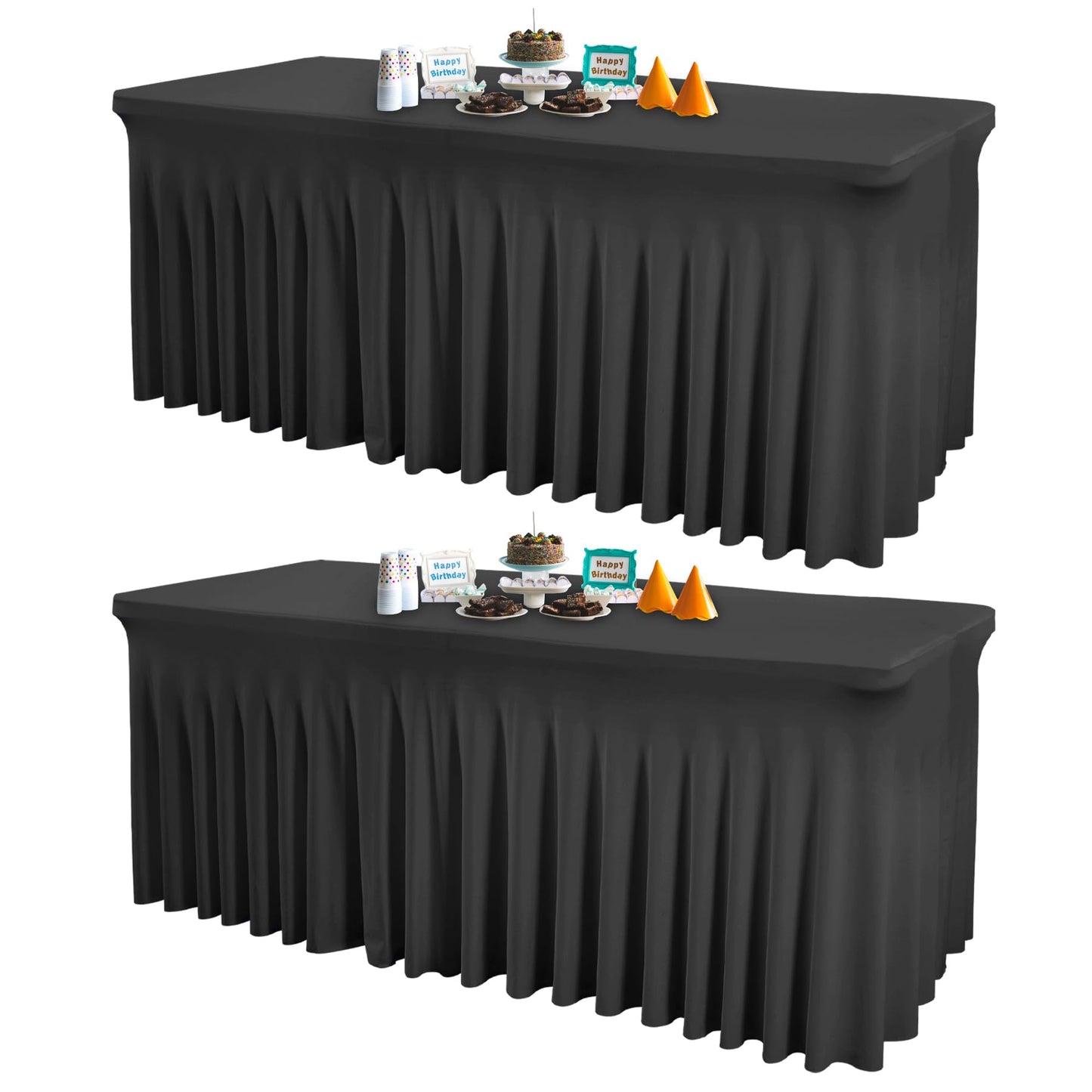 2 Packs Black Table Clothes for 6 Foot Rectangle Tables, One-Piece Wrinkle Resistant Stretch Spandex Table Covers with Skirt for Event Banquet Wedding Birthday Party
