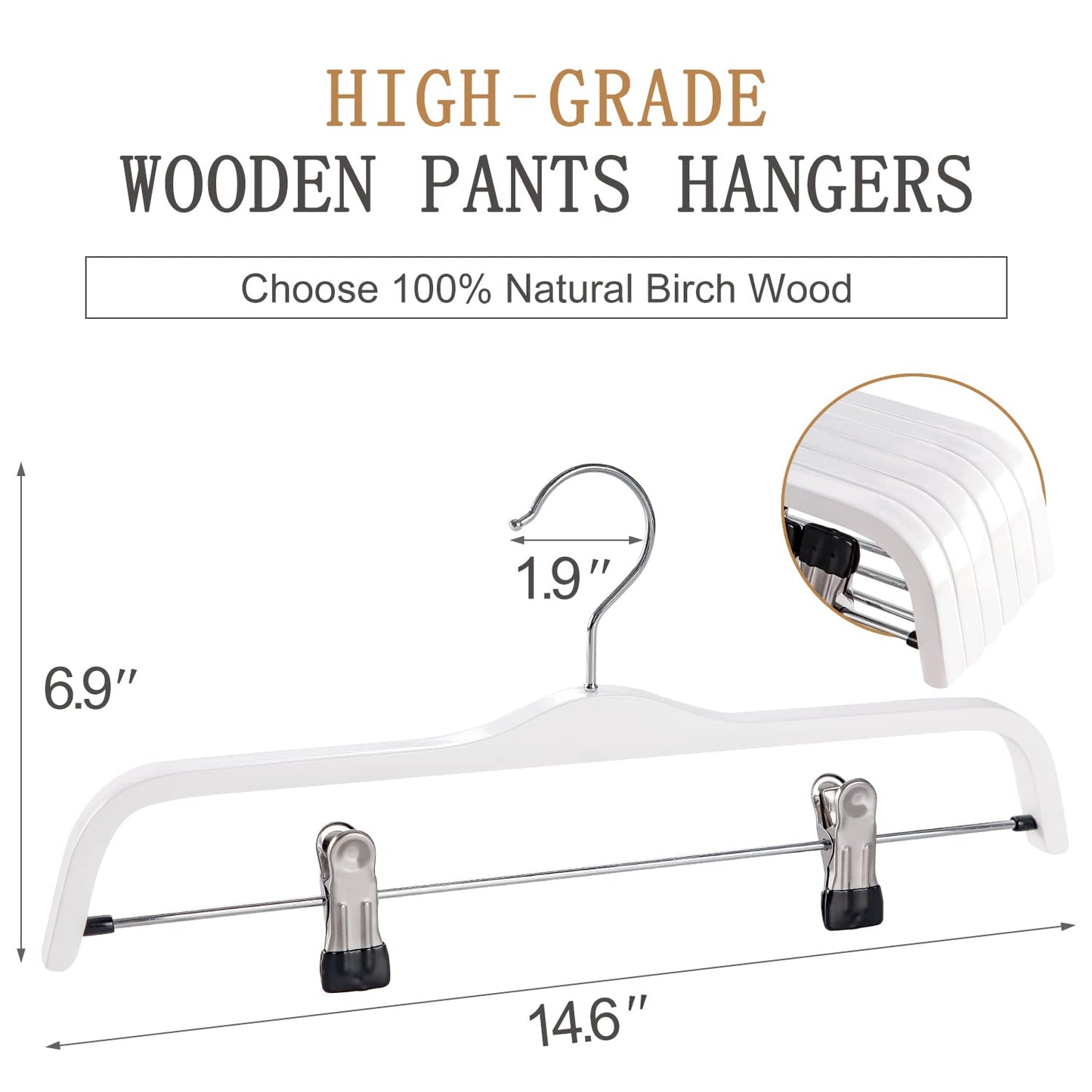 TOPIA HANGER Wooden Pants Hangers,Slim Natural Wood Skirt Hangers with Anti-Rust Hook and Adjustable Metal Clips, Perfect for Skirts,Pants,Slacks-10 Pack-CT17W
