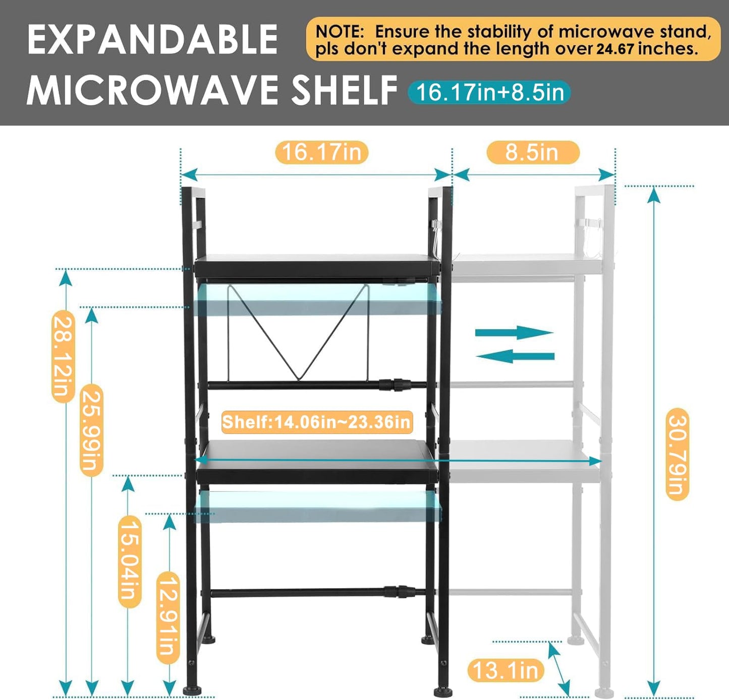 DOLALIKE Expandable Microwave Rack, Countertop Kitchen Utensils Tableware Storage, Carbon Steel 3 Tier Shelf with 3 Hooks