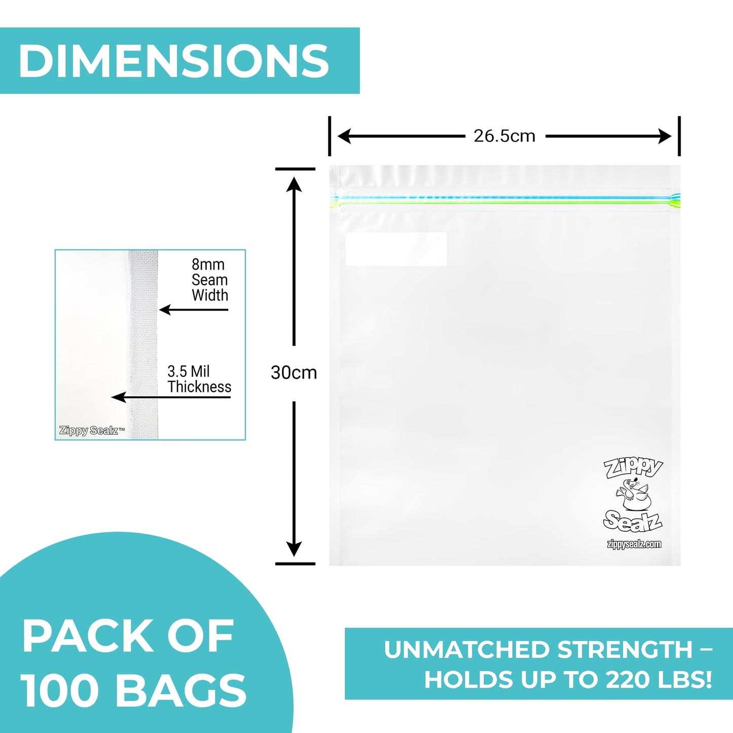Zippy Sealz V1 Family Edition Smell Proof Bags 26.5x30cm | 100 Pack Reusable Waterproof Floating Ziplock Storage Bags | BPA Free Airtight Ultra Strong Double Zipper Bags with 2 Quick Zip Tools