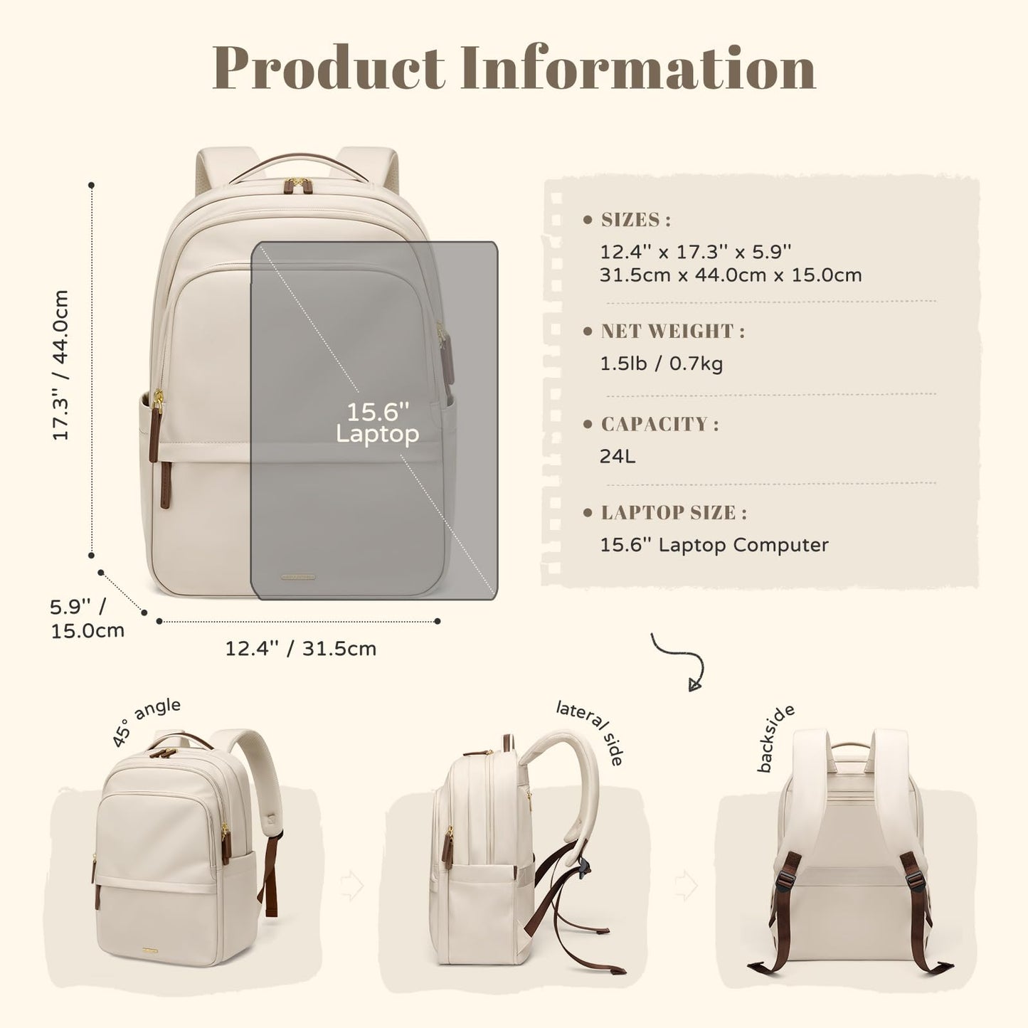 Multifunctional Laptop Backpack for Work Travel Leisure Water-Resistant Multiple Compartments Business Backpack for Women Fits 15.6 Inch Notebook (Apricot)