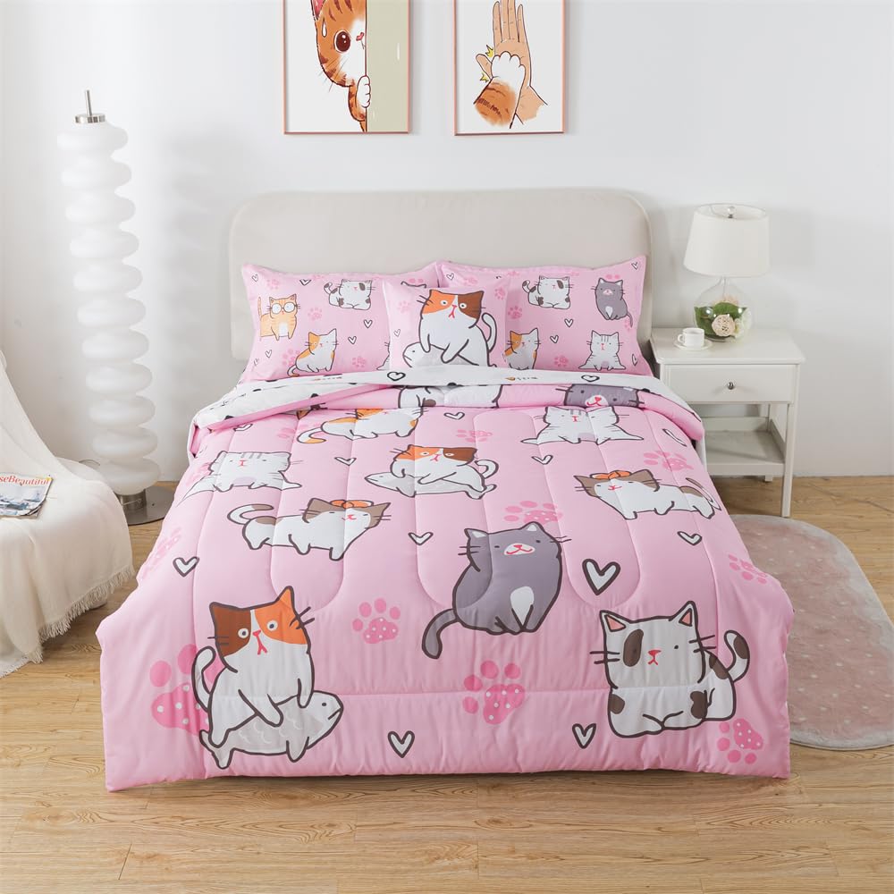 lishjekee 6 Pieces Cute Cat Comforter Twin for Girls Pink Cats Bedding Set Bed in A Bag for Kids Kawaii Pets Kitten Comforter and Sheets Set Cartoon Animal Bed Sets Home Decor