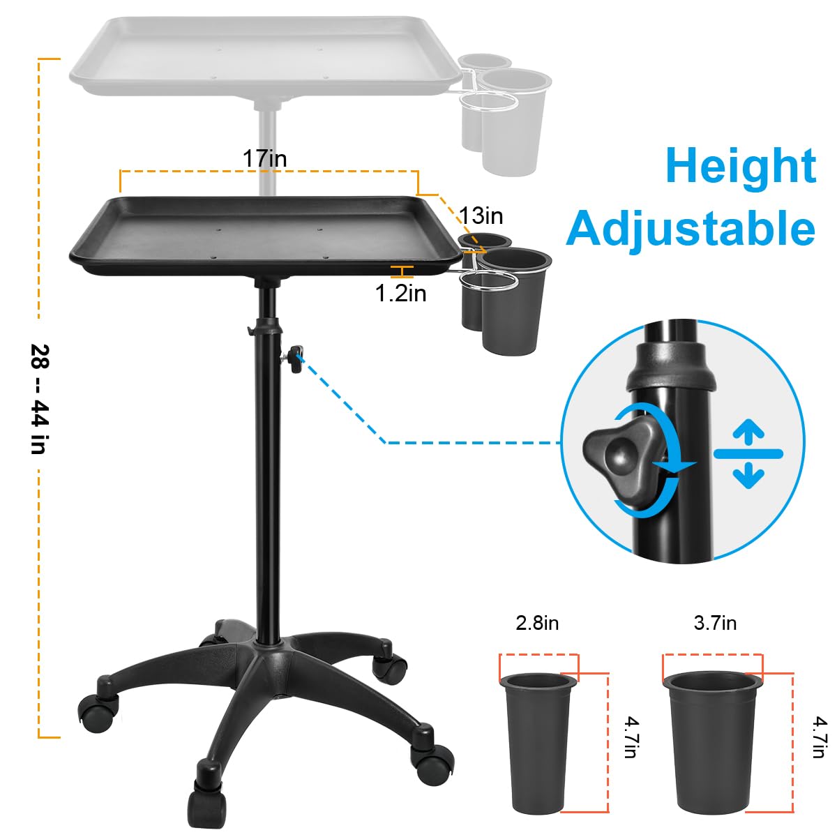 JOSTZHXIN Salon Rolling Tray, Tattoo Tray Rolling Cart, Height Adjustable Styling Tray, Service Storage Tray Trolley for Beauty Salon Clinic Spa,Black-with Cup Holder