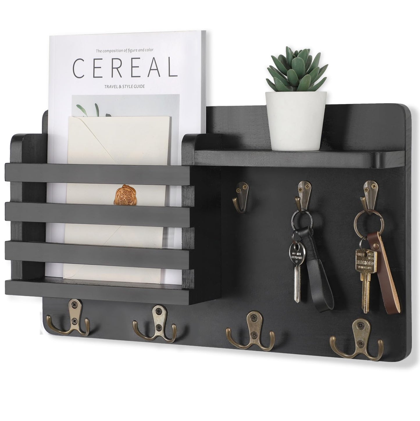 Nekon Mail Holder for Wall Mail Organizer with Key Hooks Hallway Farmhouse Decor Letter Sorter Made of Natural Pine with Floating Shelf and Flush Mount Hardware (16.8Inch x 10Inch x 3.2Inch) (Black)