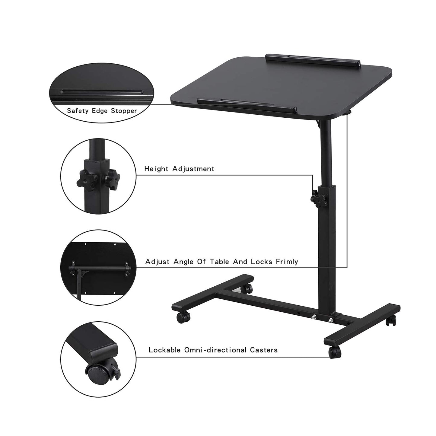 Furist Wheel Rolling Tray Height Adjustable Over Bedside Desk Tilting Sit-Stand Laptop Desk Cart Stand Tilt Table for Hospital&Home Use(Black)