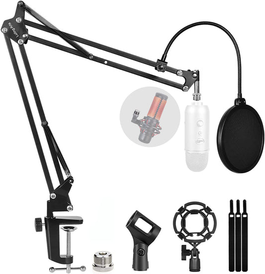 Microphone Stand for Blue Yeti, Boom Arm Scissor Mic Stand with Windscreen and Double layered screen Pop Filter Heavy Duty Mic Boom Scissor Arm Stands, Broadcasting and Recording.Game