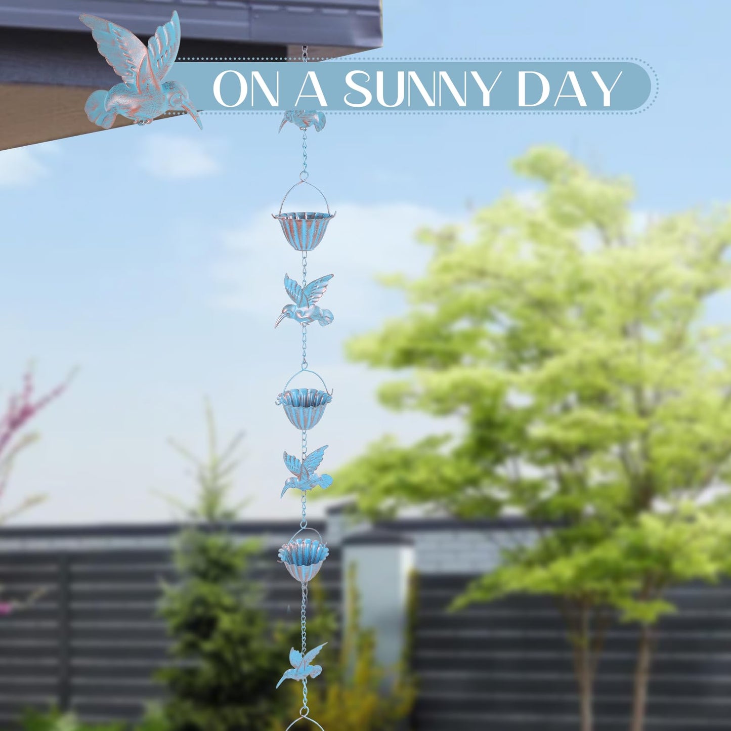 Metal Rain Chain, 7.9 Foot Rain Catcher Chain with 7 Water Cups and 7 Removable Hummingbird Decorative Rain Chains, Easy to Install Gutter Rain Collector Chain for Eaves Drainage