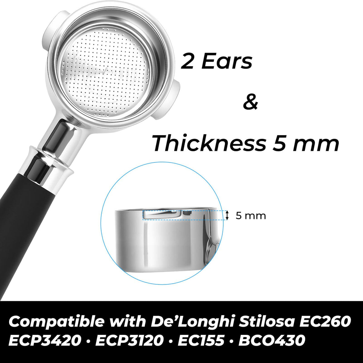 51mm Bottomless Portafilter 2 Ears Fits for Delonghi ECP3420, EC155, BCO430, EC260, and ECP3120, Includes Puck Screen, Double Shot Filter Basket