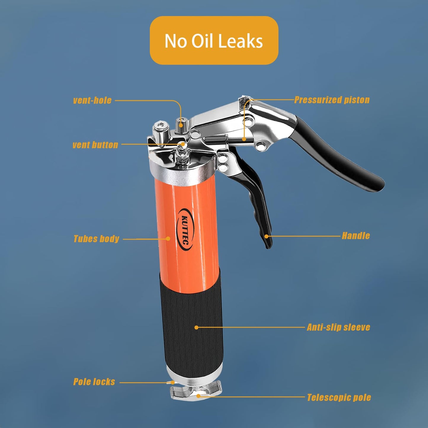 Kuttec Grease Gun，Professional 9000 PSI Heavy Duty 400 cc/14oz. Pistol Grip Grease Gun kit Include 1 Quick Release Coupler,1 Lock Coupler,1 Spring Flex Hose,2 Hose,1 Sharp Nozzle,1 Rigid Pipe.