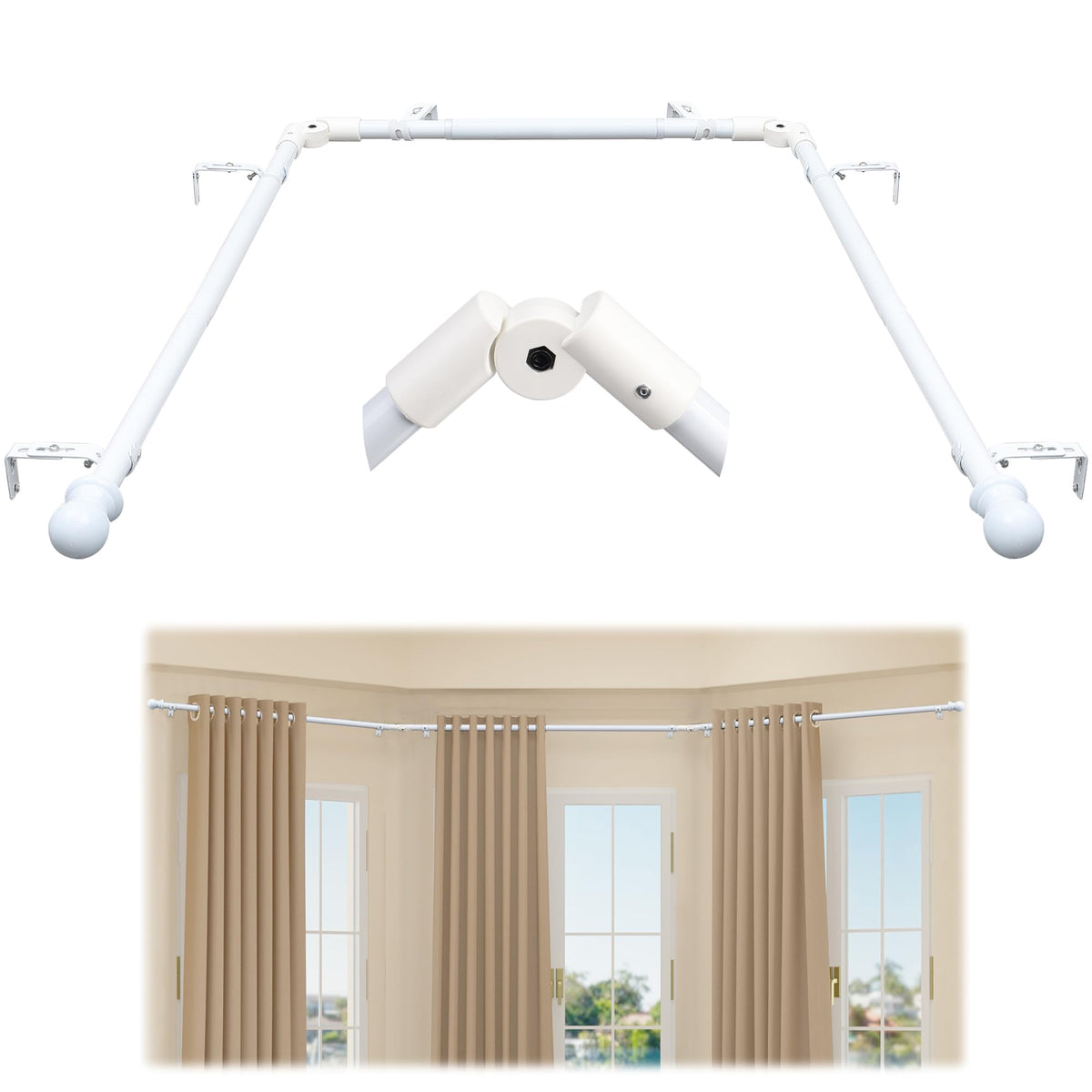 Bay Window Curtain Rods, U-shaped Curved Curtain Rods for Windows 59 to 184 Inches, White 1 Inch Diameter Heavy Duty Curtain Rods for Bedroom, Living Room, Adjustable Renter Friendly Curtain Rods...