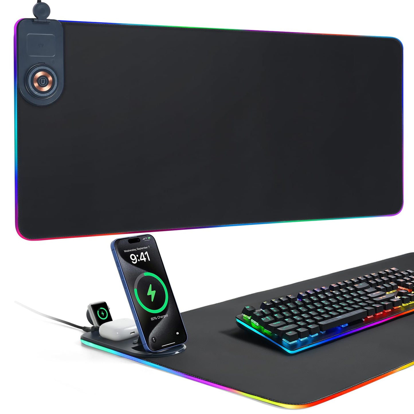 ELUTENG 4-in-1 RGB Gaming Mouse Pad with Wireless Charging & Phone Holder, 31.5"x11.81" Large Waterproof Desk Mat, Ultra-Smooth Non-Slip Keyboard Pad for Home & Office