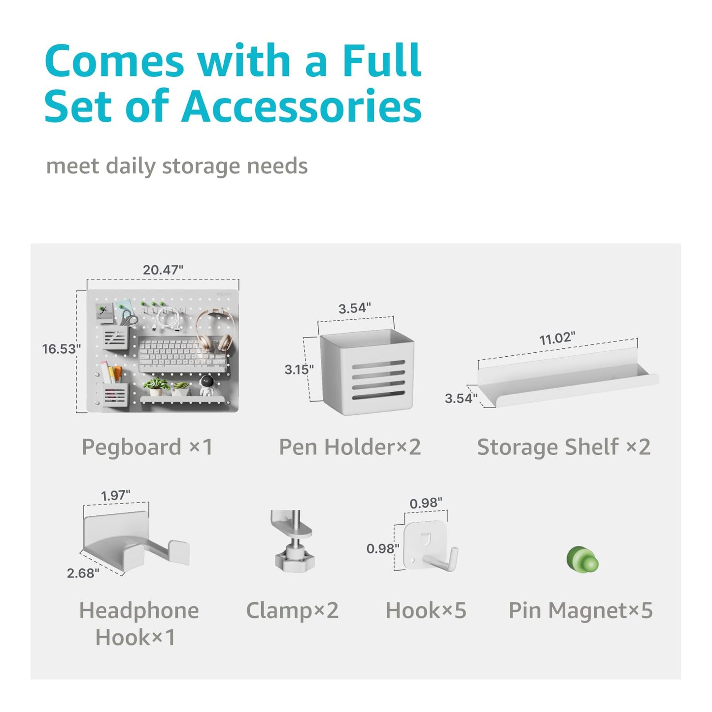 PEGZONE Clamp-on Desk Pegboard, Desk Organizer for Office Gaming Home, Magnetic Metal Peg Board with 15 Accessories, Privacy Panel for Office, 20.4" x 16.5", Large, White