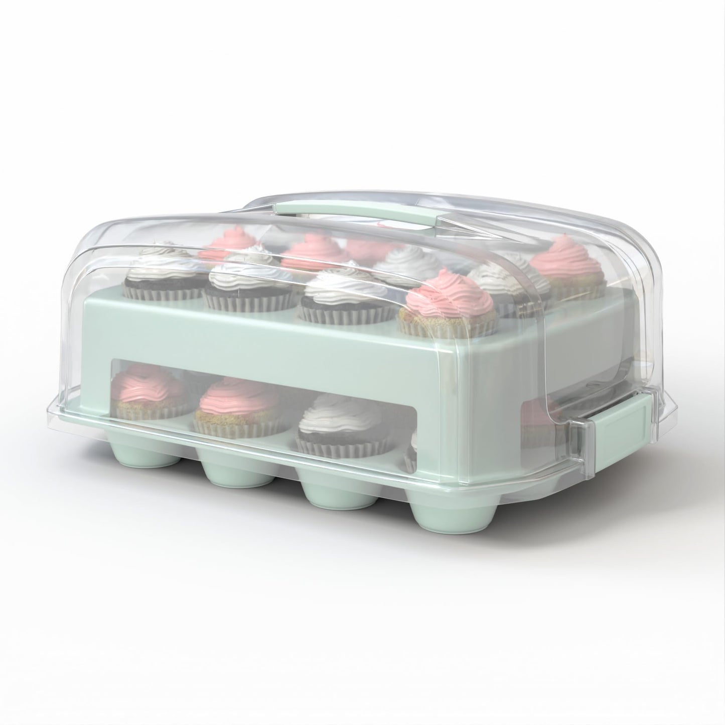 Cupcake Carrier, EXTRA TALL LID, Fashionable Green Cupcake Holder Carries 24 Standard-Size Cupcakes, Durable Muffin Traveler Two Tier Stand and Reusable Cupcake Box (Seafoam Green)