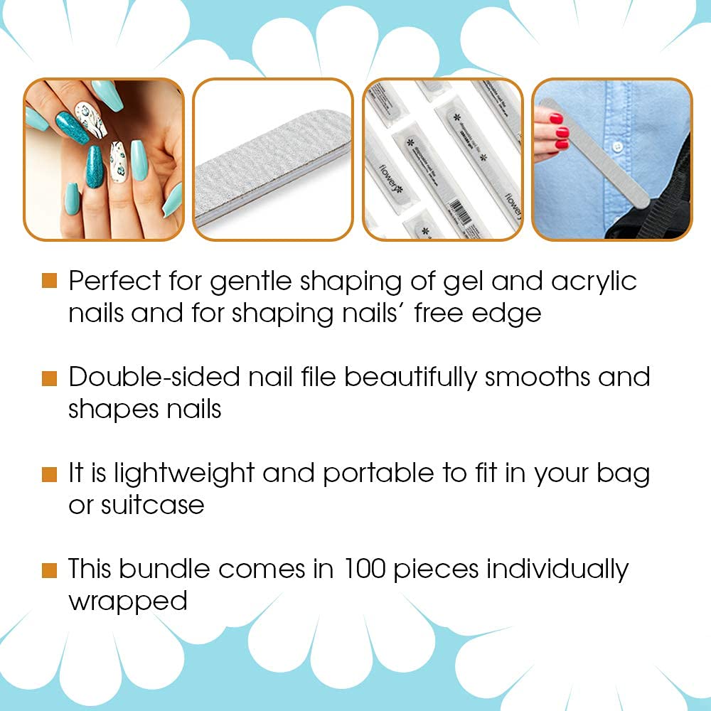 Flowery Disposable Nail File Cushion Core 100/180, Silver, 100-Count