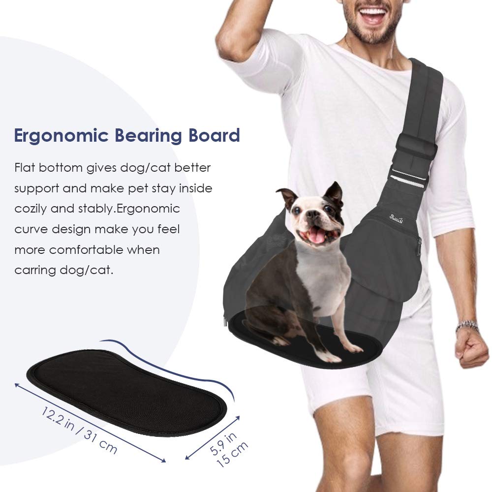 AUTOWT Dog Sling Carrier, Dog Sling with Bottom Supported Hand Free Pet Sling Adjustable Shoulder Strap and Bag Opening Front Zipper Pocket Safety Belt for Small Dogs Cat Daily Use (Black Water-Resistant)
