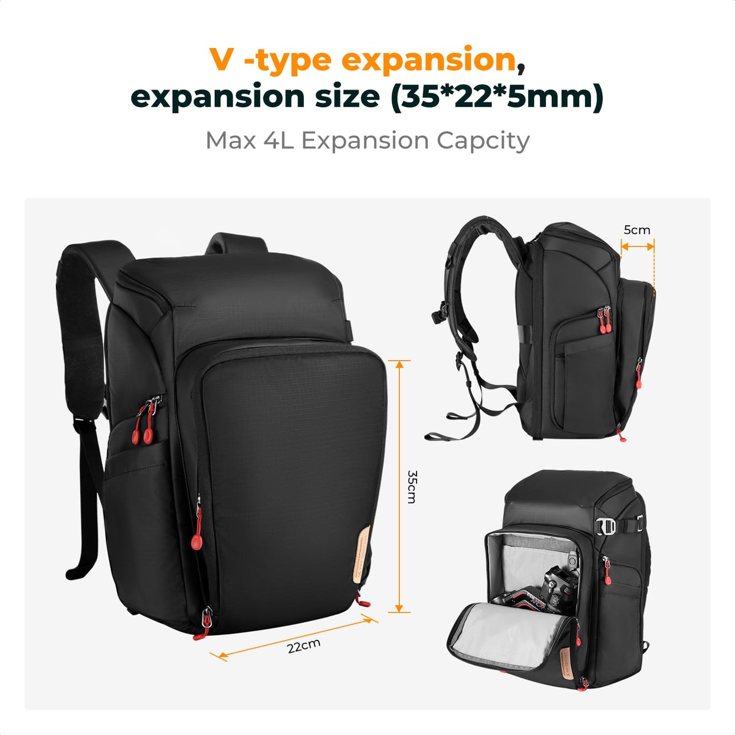 K&F Concept Camera Backpack, Camera Bags Waterproof 25L Large Capacity Camera Case with 15.6 Inch Laptop Compartment Compatible for Canon/Nikon/Sony/DJI Mavic Drone Travel Camera Backpack