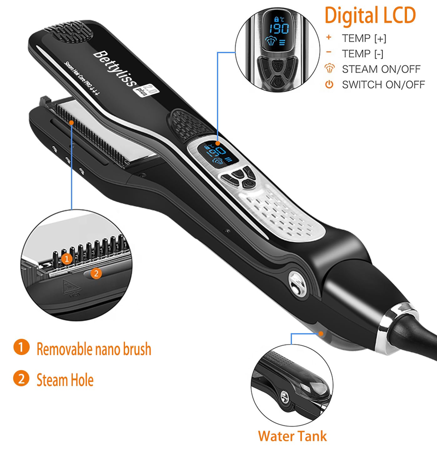 Bettyliss Steam Flat Iron Hair Straightener - Professional Hair Straightening Irons for Smooth and Frizz-Free Results (Black)