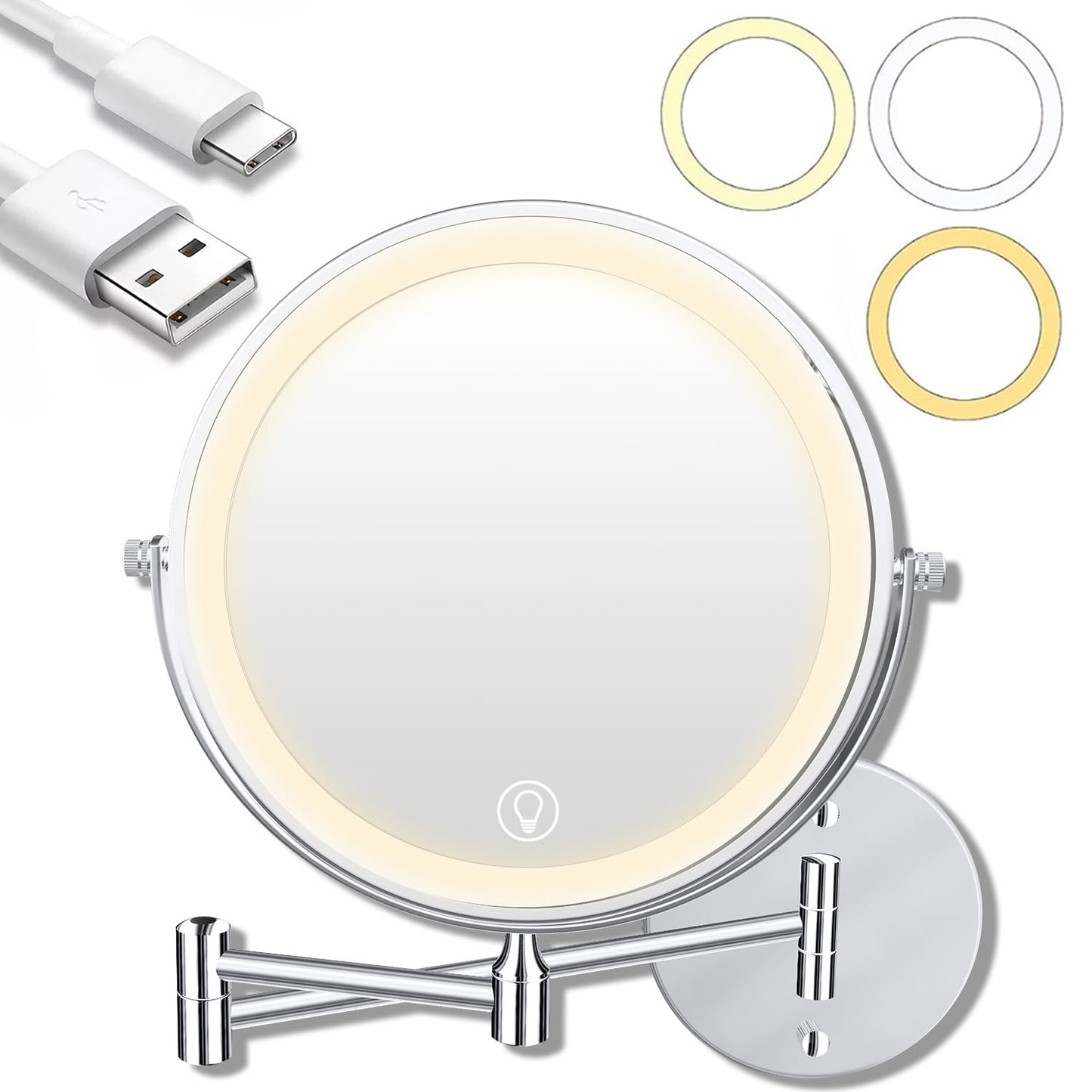 Unimiro 9inch Wall Mounted Makeup Mirror with Light, 1x/20x 5000mAh Rechargeable Magnifying Mirror with Light, 360° Rotate Bathroom Mirror with Lights, 3 Color, 80 LEDs, Stepless Dimmable
