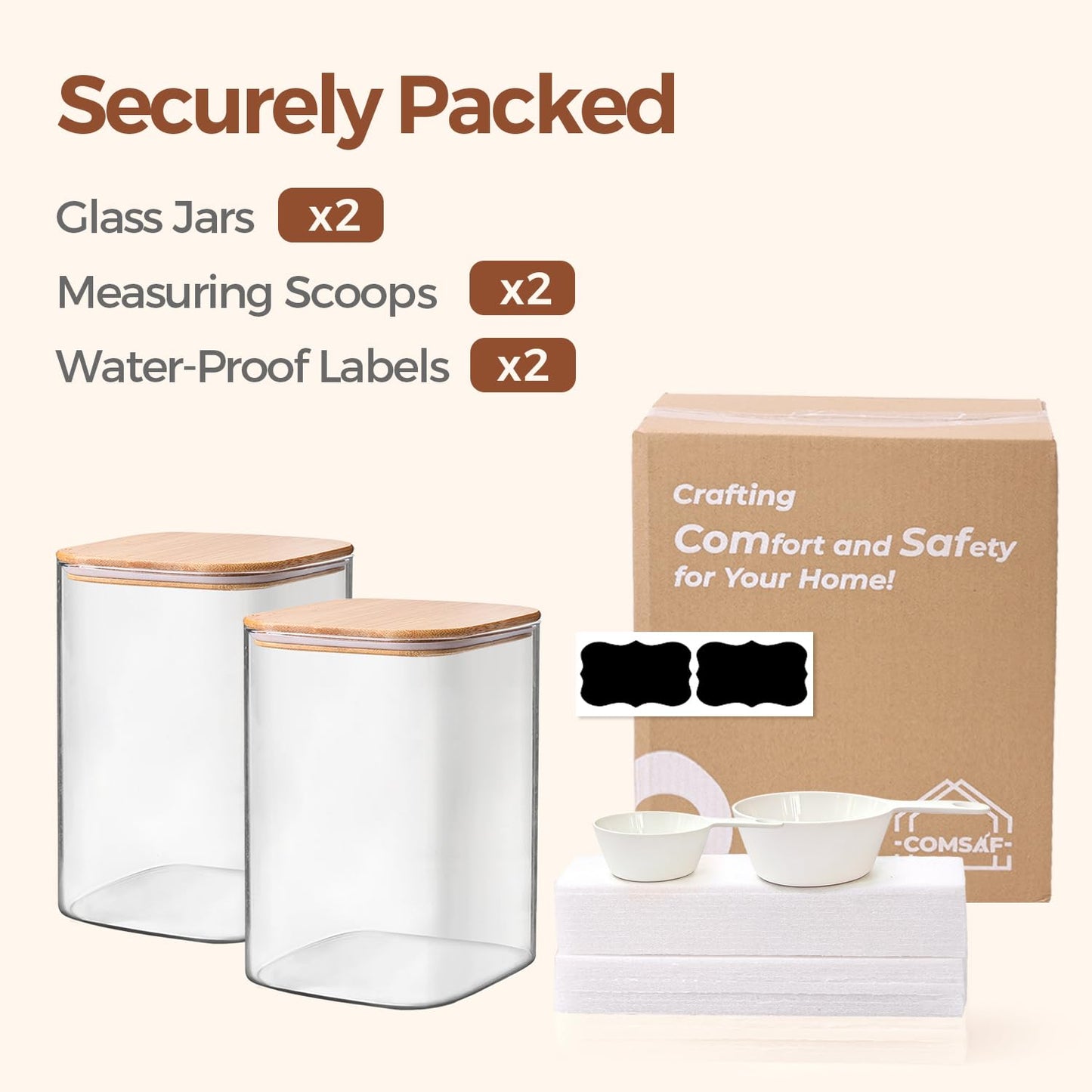 ComSaf 4 Qt Glass Food Storage Containers Set of 2, Large Storage Containers with Lids, Square Glass Jars with Lids, for Flour and Sugar, Cereal, Rice, Pasta, Oats, Coffee Beans