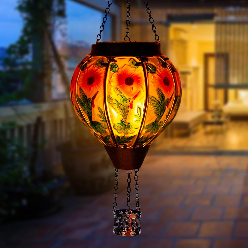 DREAMSOUL Hummingbird Hot Air Balloon Solar Lantern, Hanging Solar Hot Air Balloon Lantern with Flame for Patio Yard Gift Decor