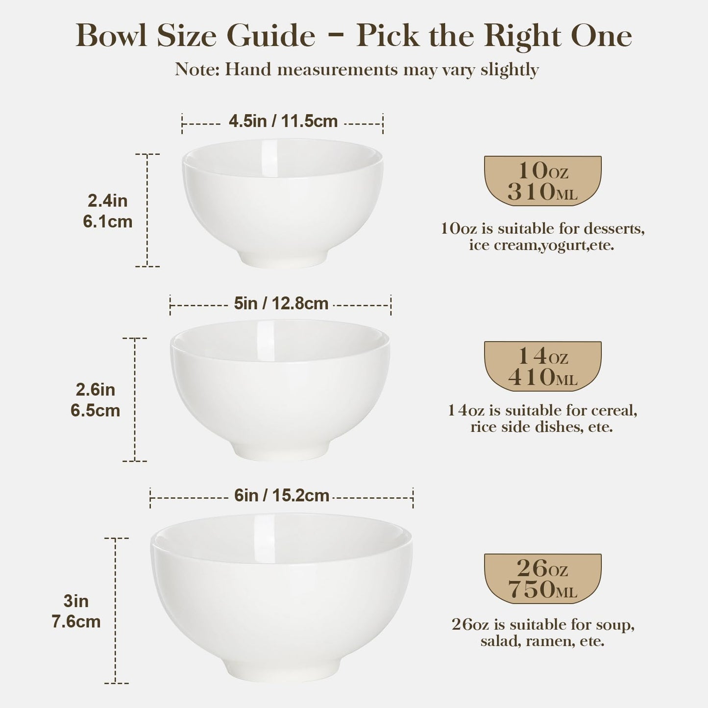 MALACASA 26 oz Porcelain Soup Bowls, 6" Cereal Bowls - White Bowls Set of 4 for Soup, Cereal, Oatmeal, Fruit, Rice - Dishwasher & Microwave Safe, Series Regular