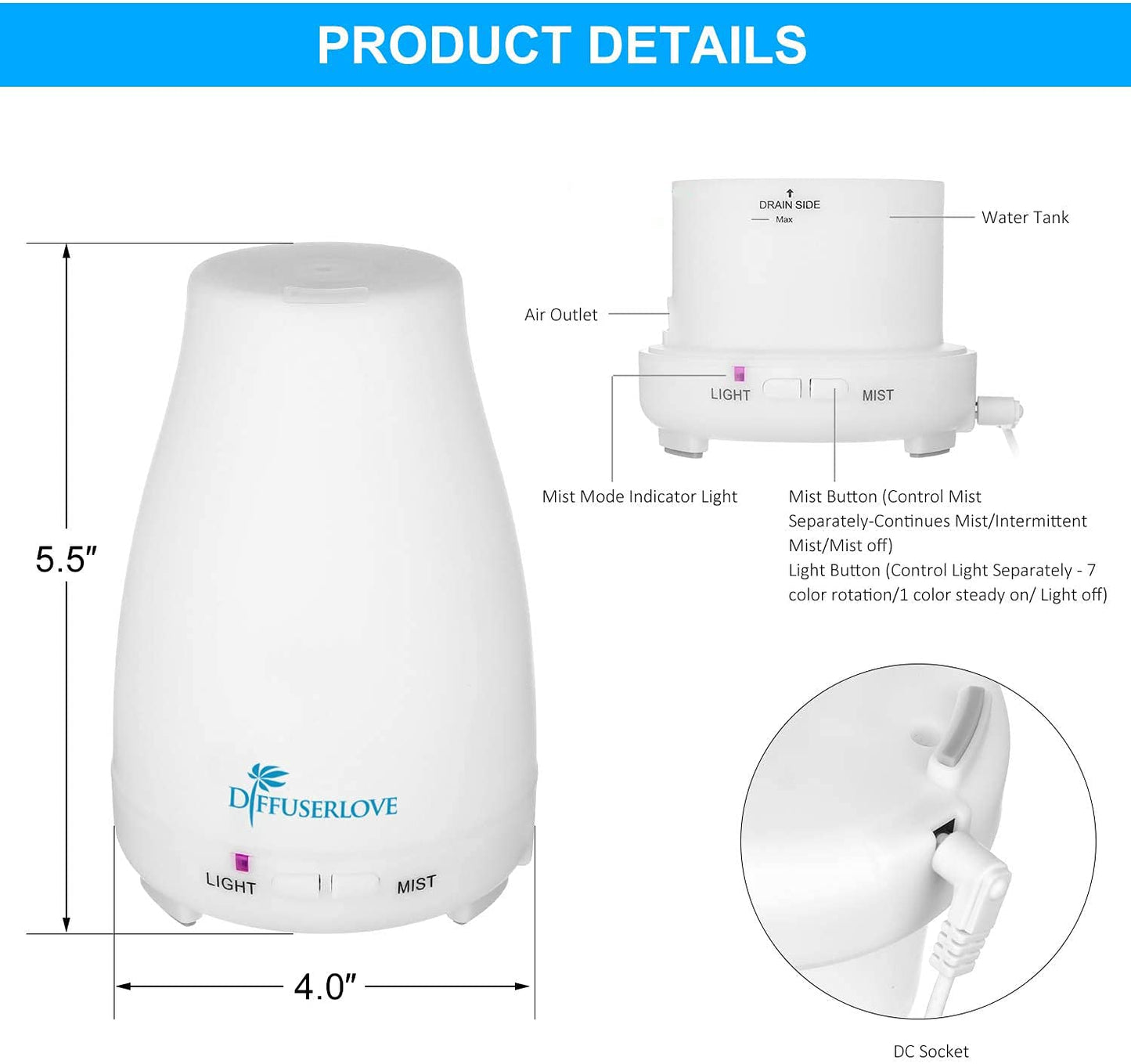 Diffuserlove 2 Pack 200ml Essential Oil Diffuser Ultrasonic Aromatherapy Diffuser Cool Mist Humidifiers and Waterless Auto Shut-Off for Home Office Bedroom
