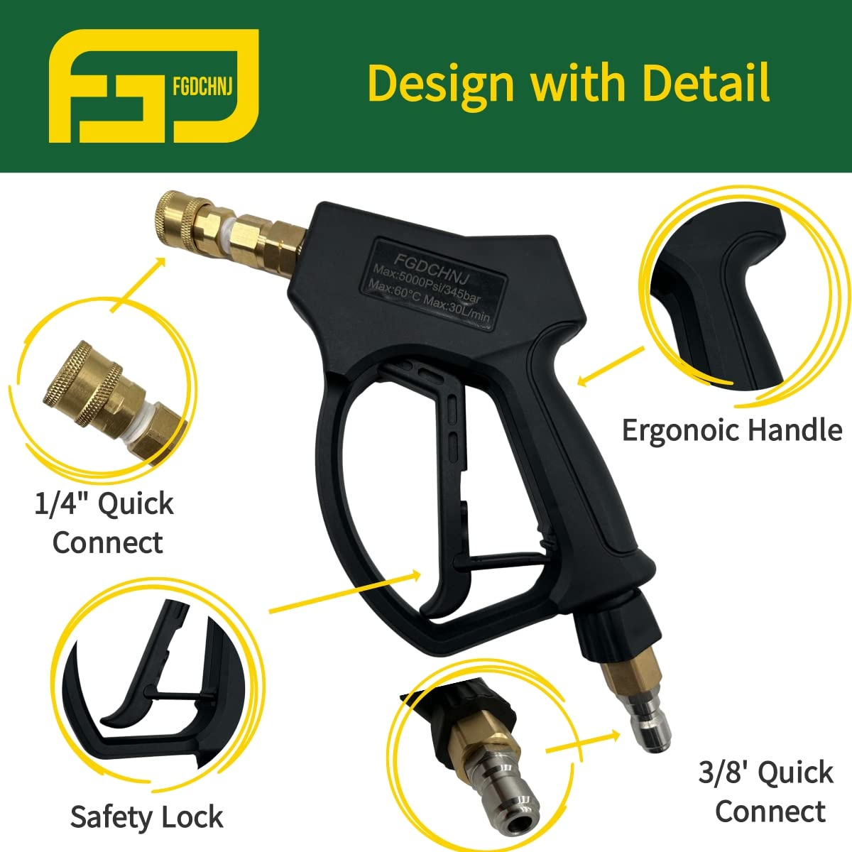 FGDCHNJ Pressure Washer Gun with Stainless Steel Extension Wand, 3/8" Swivel Quick Connector for Most Power Washer, MAX 5000PSI & 40Inch Long