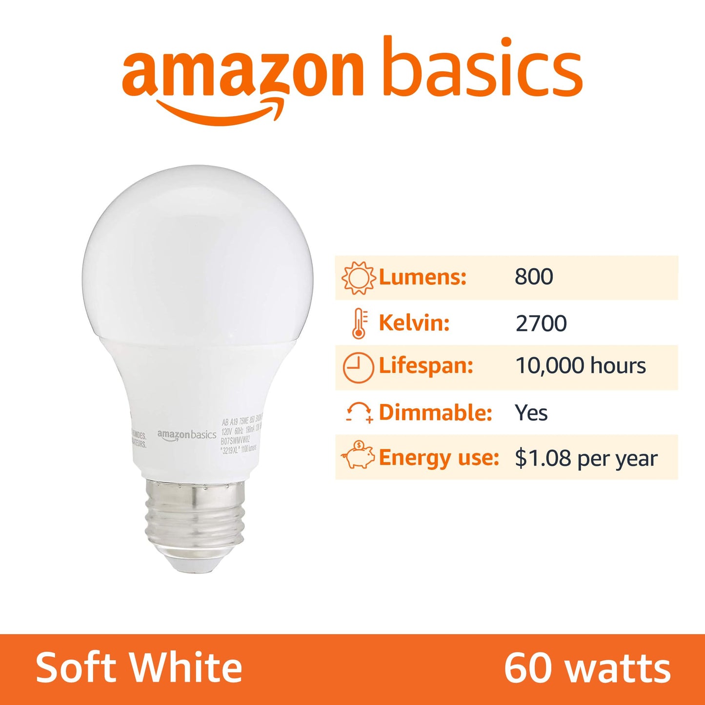 Amazon Basics 60W Equivalent, Soft White, Dimmable, 10,000 Hour Lifetime, A19 LED Light Bulb | 16-Pack