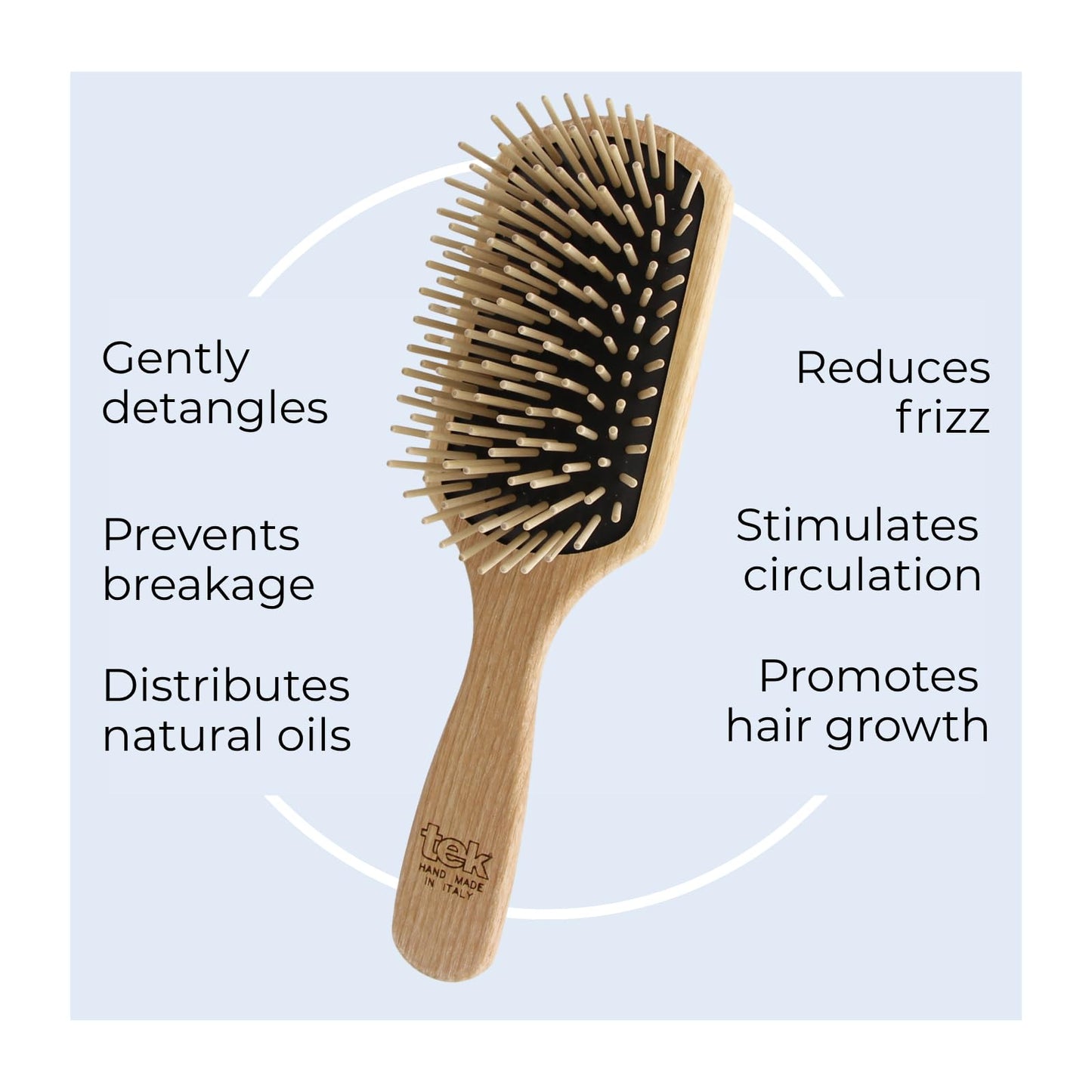 TEK- Rectangular Brush with Long Tooth in Ash Wood Handmade in Italy, for Long, Thick and Straight Hair - 22 x 6.5 cm