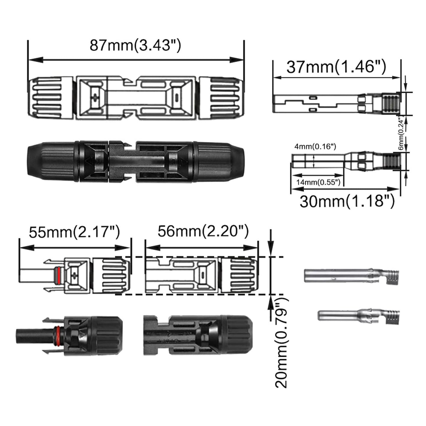 Jamgoer 20FT 10AWG Solar Panel Extension Cable with Male and Female Connectors with Extra Free Connectors and Solar Connector Pins for Solar Panel (6M Red +6M Black)