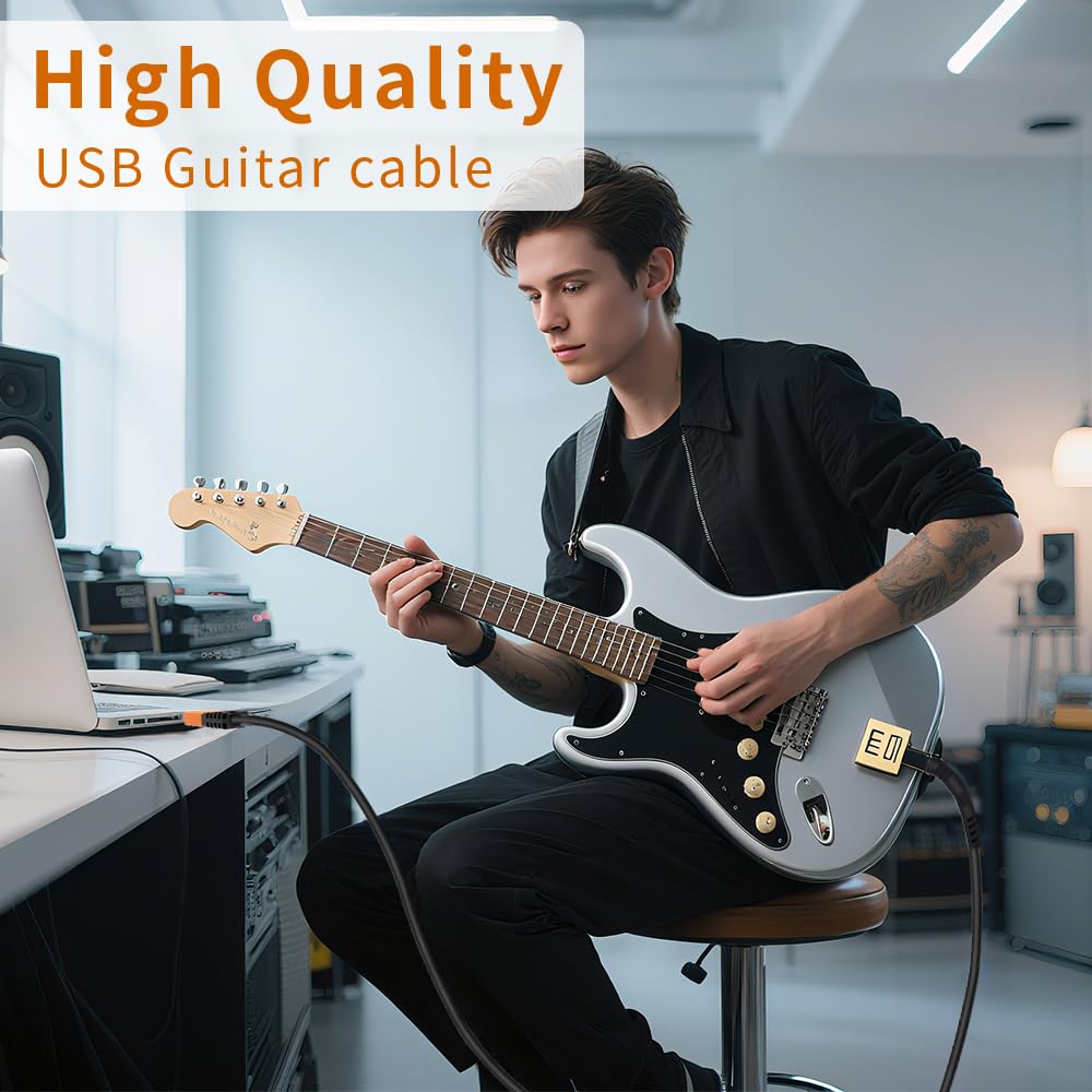 HixYaxi USB Guitar Cable for Instruments Recording 10FT USB-A to 6.35mm 1/4 TS Gold-Plated Cable Audio Adapter for Eletronic Guitar, Bass, Piano Recording Compatible with PC, Mac etc. - 10FT/3.1M