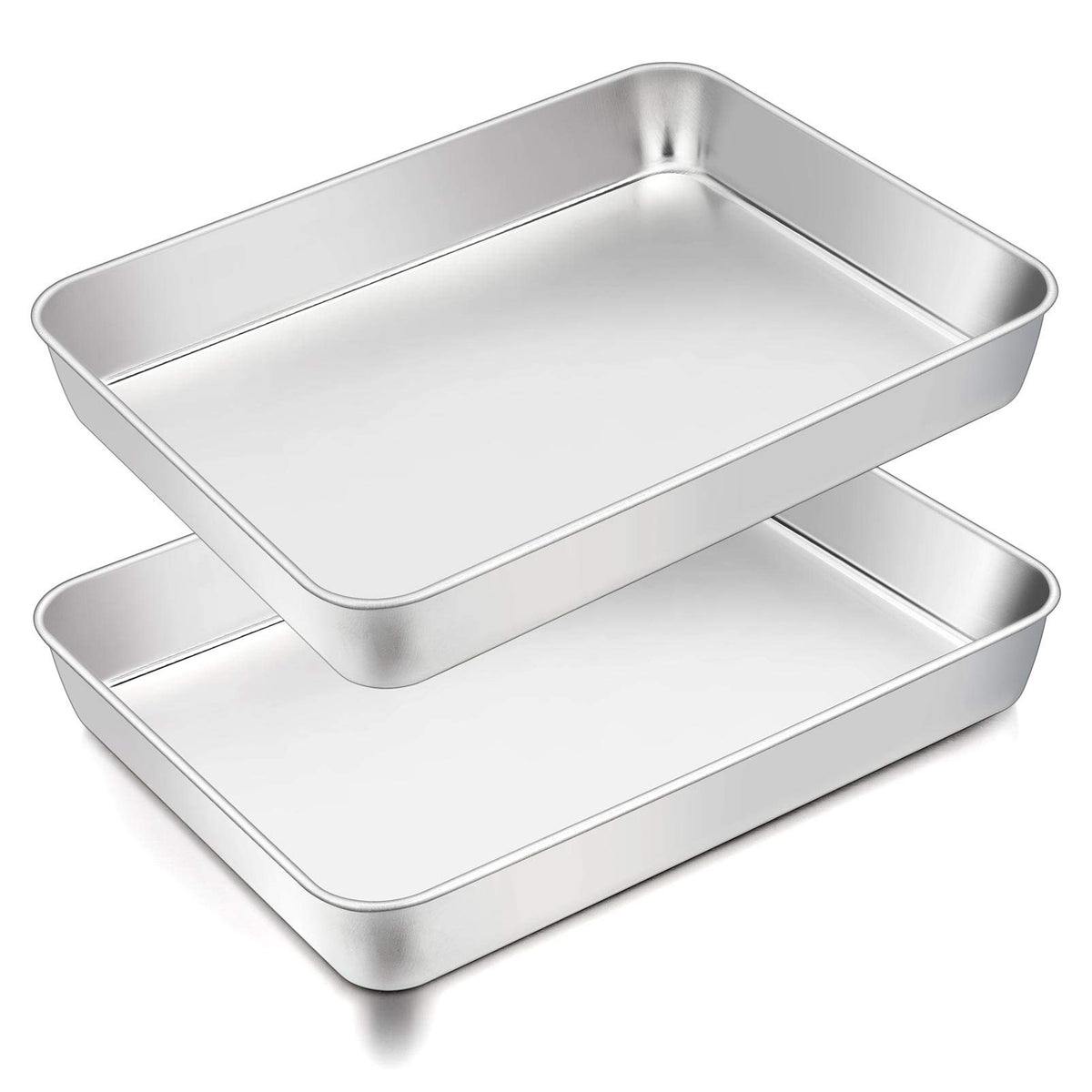 TeamFar 9.8’’x12.5’’ Baking Pan, Stainless Steel Rectangular Cake Brownie Lasagna Pan for Cooking, Healthy & Sturdy, One-piece & Even Heat, Oven & Dishwasher Safe - Set of 2