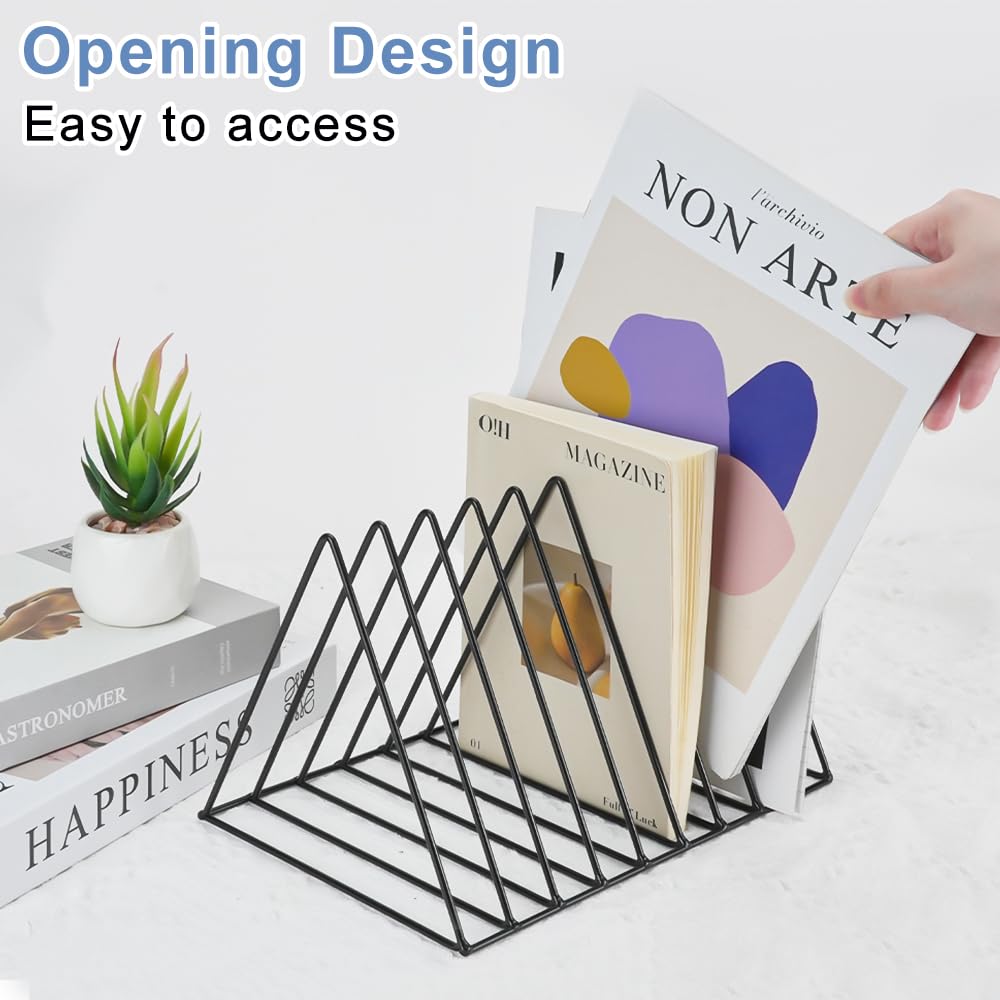 4Pcs Triangle File Holder, FHDUSRYO 9 Slot Black Magazine Holder, Metal Vinyl Record Storage Stand, Desktop File Organizer Magazine Rack, Bookshelf Organizer for Office Home, Letter Book(Black)