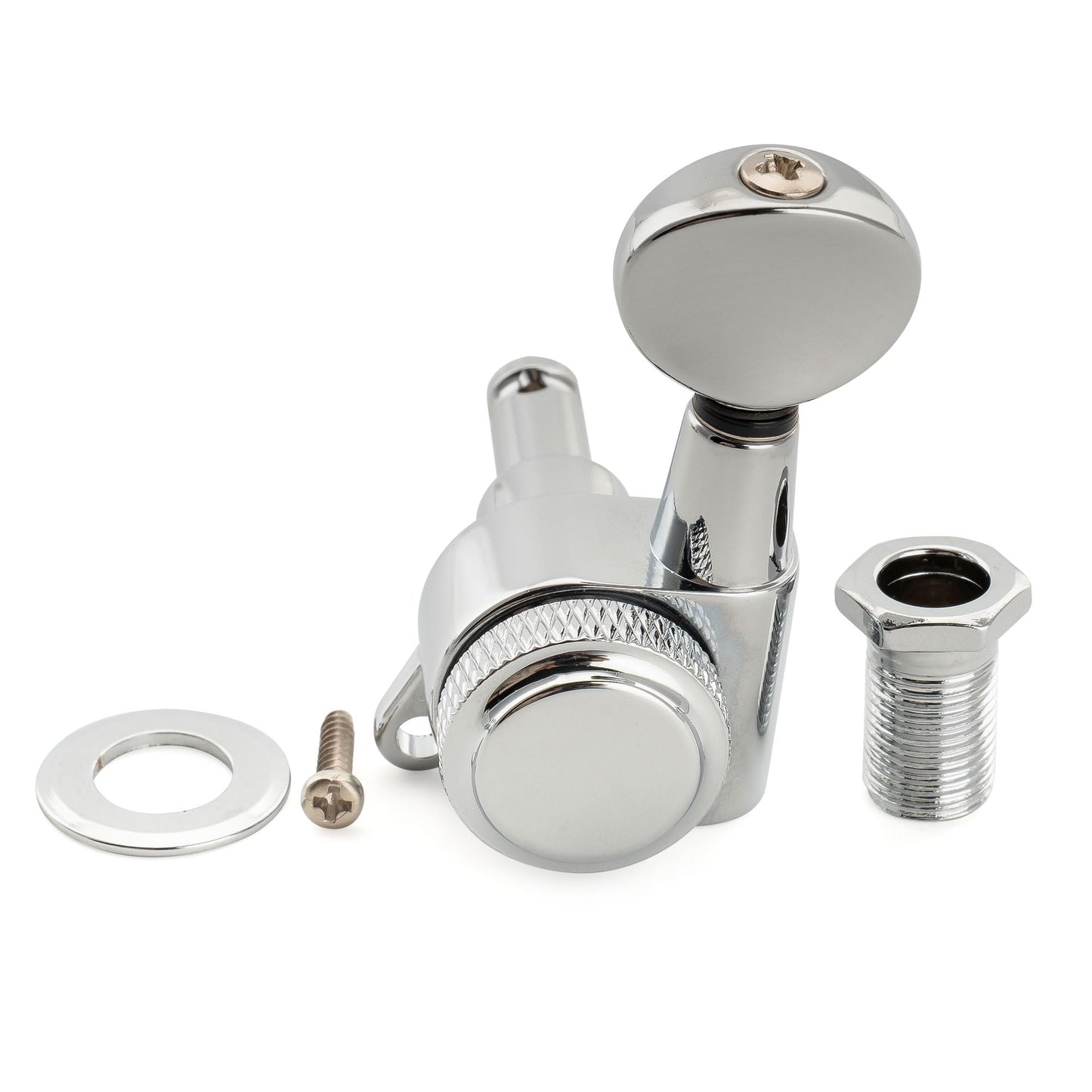 Musiclily Pro Left-Handed 6-in-line 18:1 Ratio Full Sealed Locking Machine Heads Tuners Tuning Pegs Keys with Vintage Oval Button 45 Degree Screw for Strat Tele Style Electric Guitar, Chrome