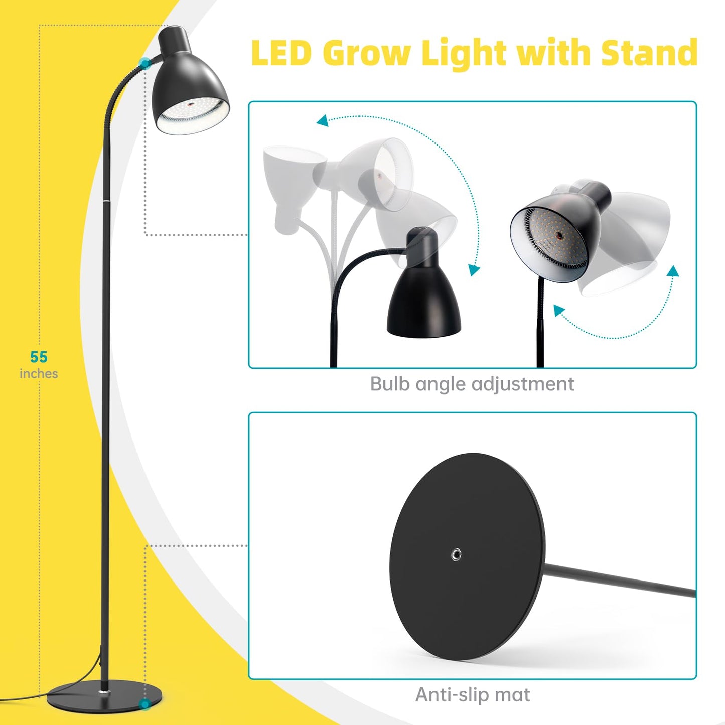 Bstrip Grow Light Floor Lamp, 5000K Full Spectrum 25W LED Grow Light for Indoor Plants - 55" H Floor Stand, Adjustable Angle with On/Off Switch