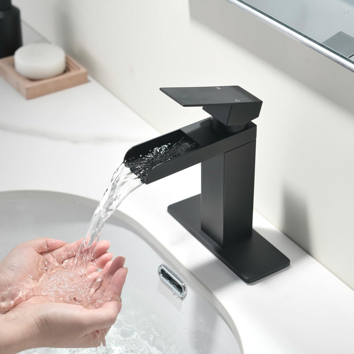 Matte Black Waterfall Bathroom Faucet, Single Handle Stainless Steel Bathroom Sink Faucet for 1 or 3 Hole, Rv Vanity Camper Farmhouse Lavatory Faucets with Pop-up Drain and Deck Plate, KMBF014B