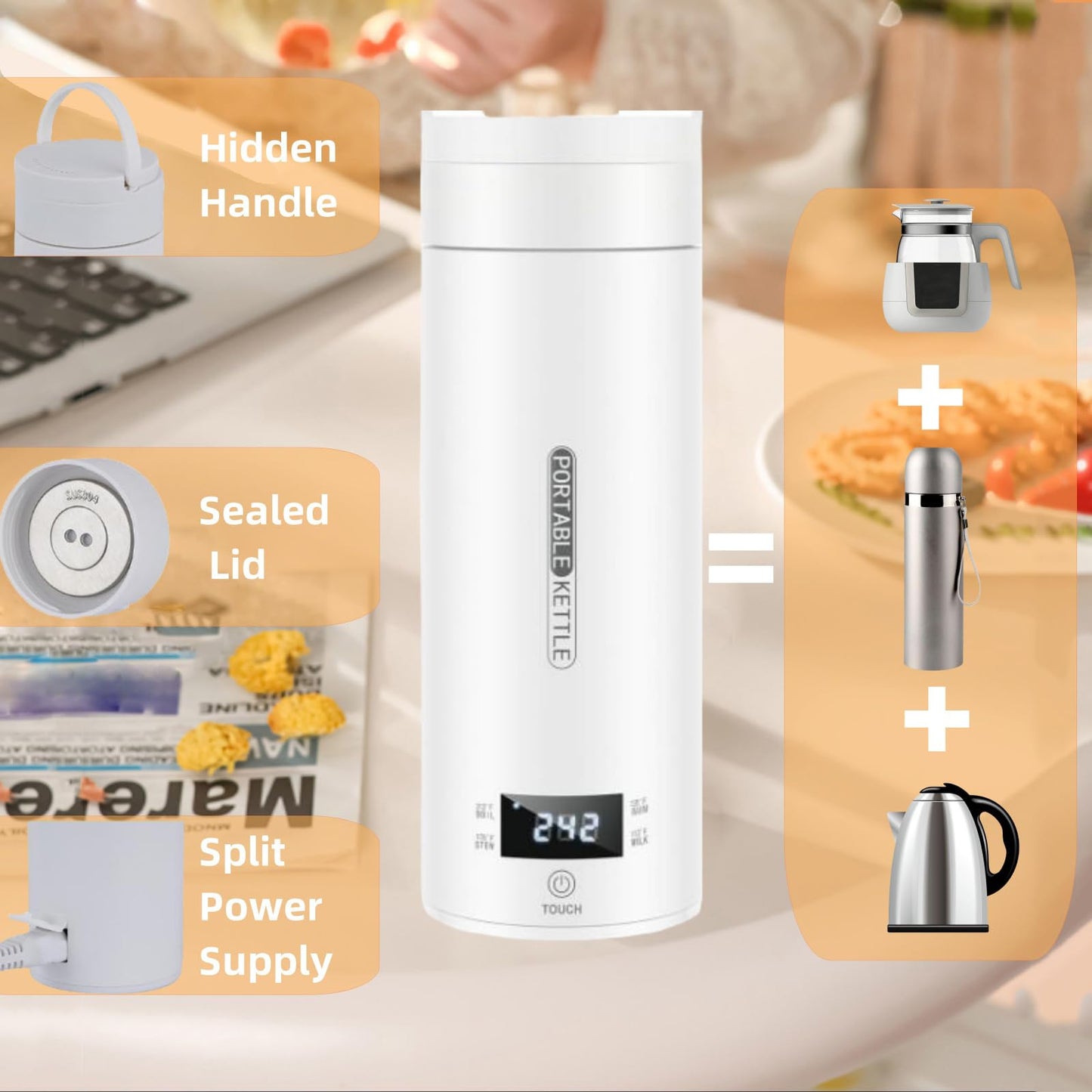 Portable Electric Kettle, 450ml Travel Kettle, Mini Tea Kettle Electric Water with Display 4 Temperature Control, Leak-Proof, Quick Boil, Stainless Steel, Auto Shut-Off, Keep Warm