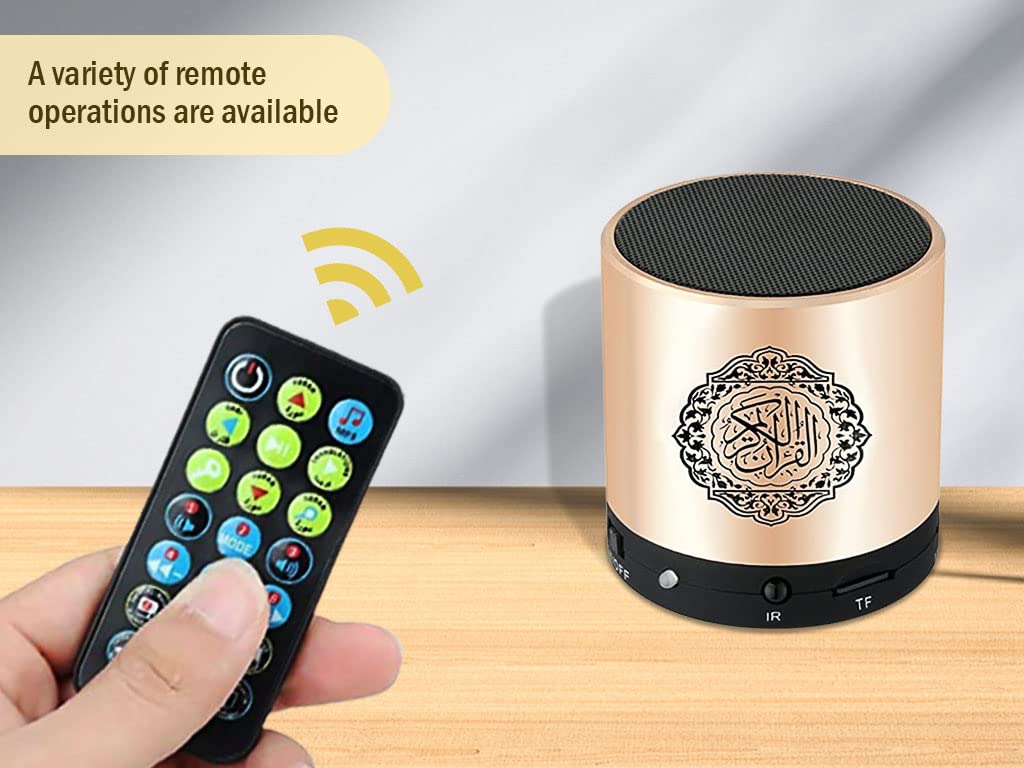 Portable Digital Quran Speaker with Remote Control over18 Reciters and 15Translations Available Quality Qur'an Speaker Arabic English French, Urdu etc Mp3 FM Radio (Gold Color)