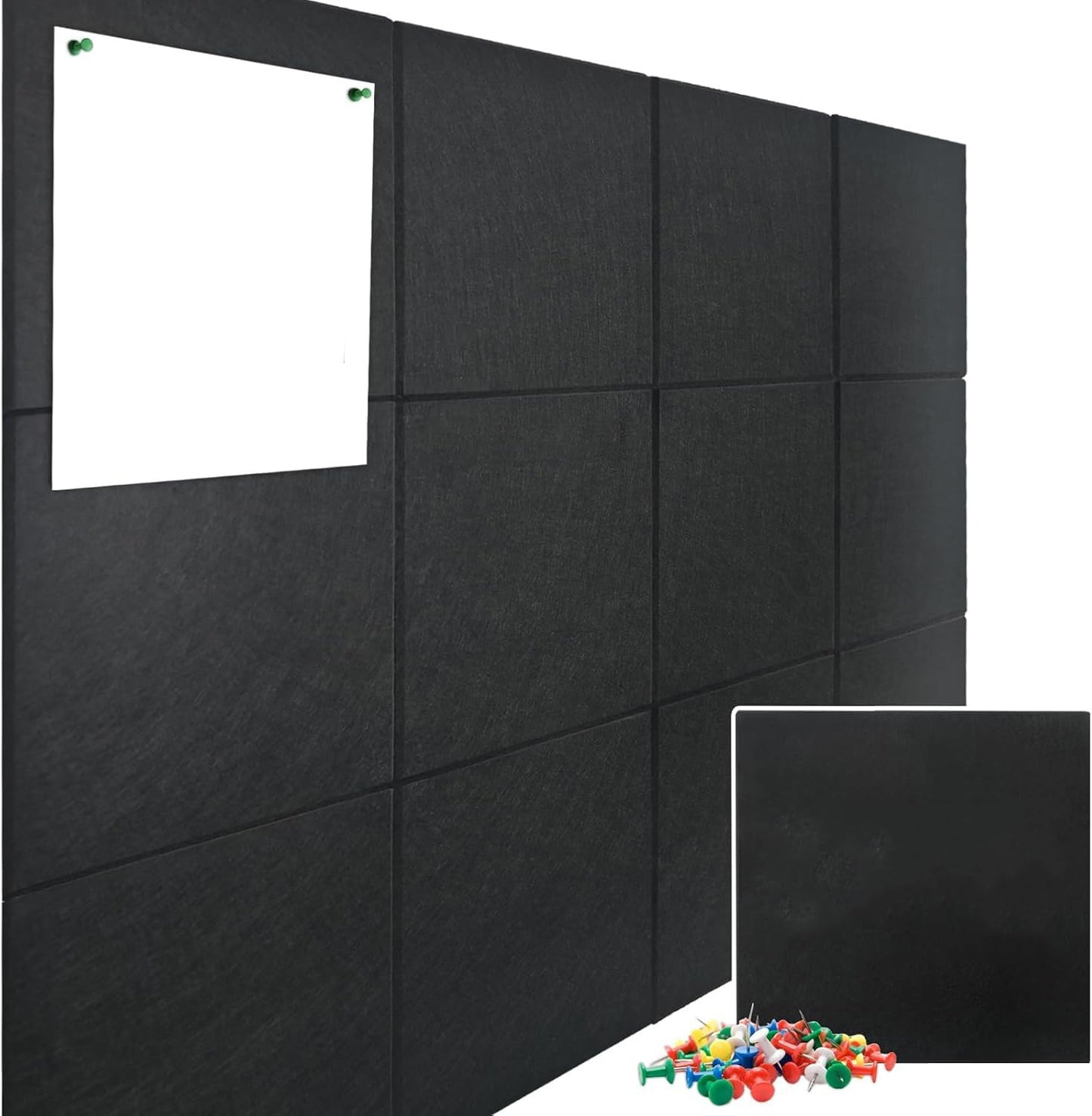 Large Cork Board Alternative, 47" x 35" Black Bulletin Board, 12-Pack Felt Wall Tiles with 60 Pushpins, Safe Removable Adhesive Tabs, Cork Boards for Office/Home Push Pin Board Tack Board Felt Board