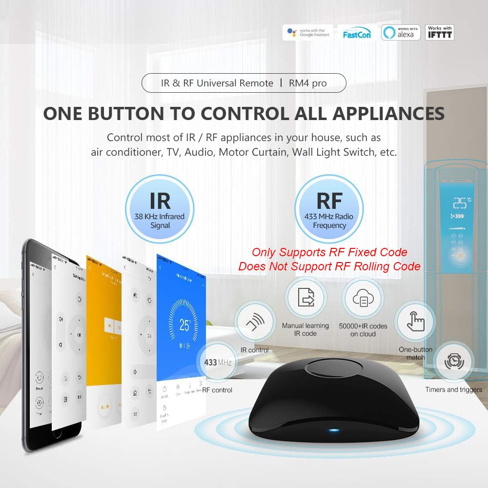 Broadlink RM4 pro Smart IR/RF Remote Control Hub with Sensor Cable(2.4GHz Wi-Fi Only)-WiFi IR/RF Blaster for Home Automation, TV, Curtain, Shades Remote, Works with Alexa, Google Assistant, IFTTT