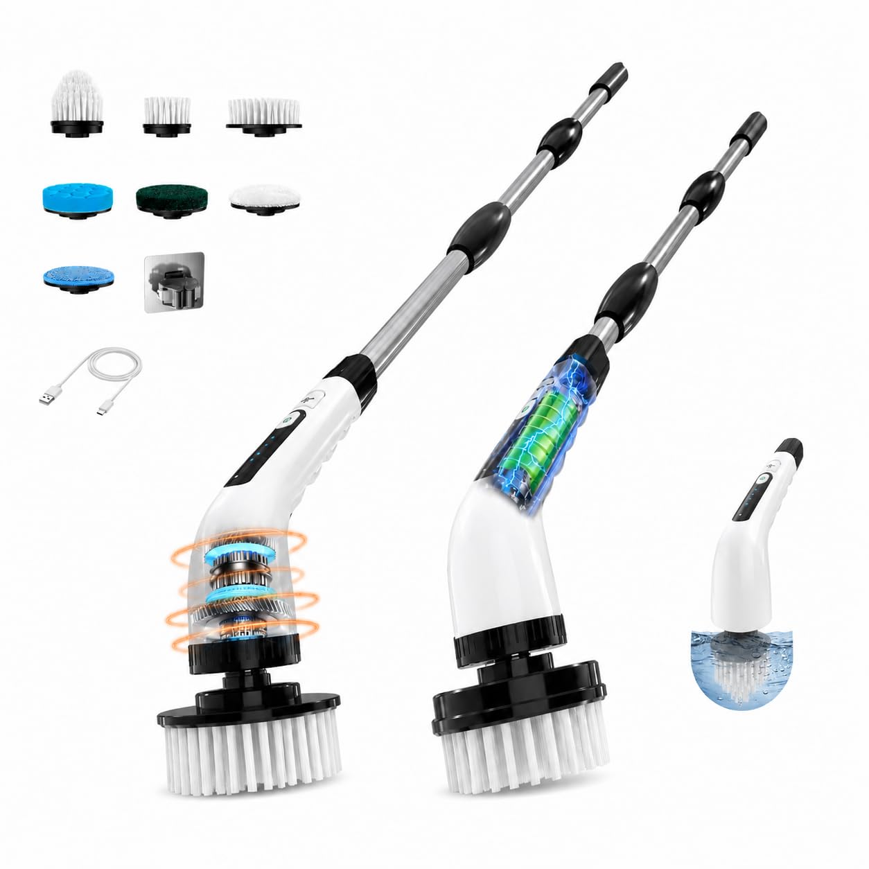 Electric Spin Scrubber, Cordless Cleaning Brush, Shower Scrubber with 7 Replaceable Brush, 2 Speeds and Adjustable Extension Handle for Bathroom Shower Bathtub Glass Car(White)