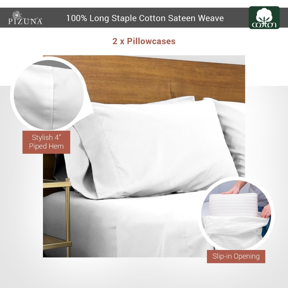 Pizuna Cotton Pillow Cases Queen Size 2 Pack White, 400 Thread Count 100% Long Staple Combed Cotton Sateen Weave Pillowcase with Stylish 4" Hem (100% Cotton Queen Pillow Covers White)