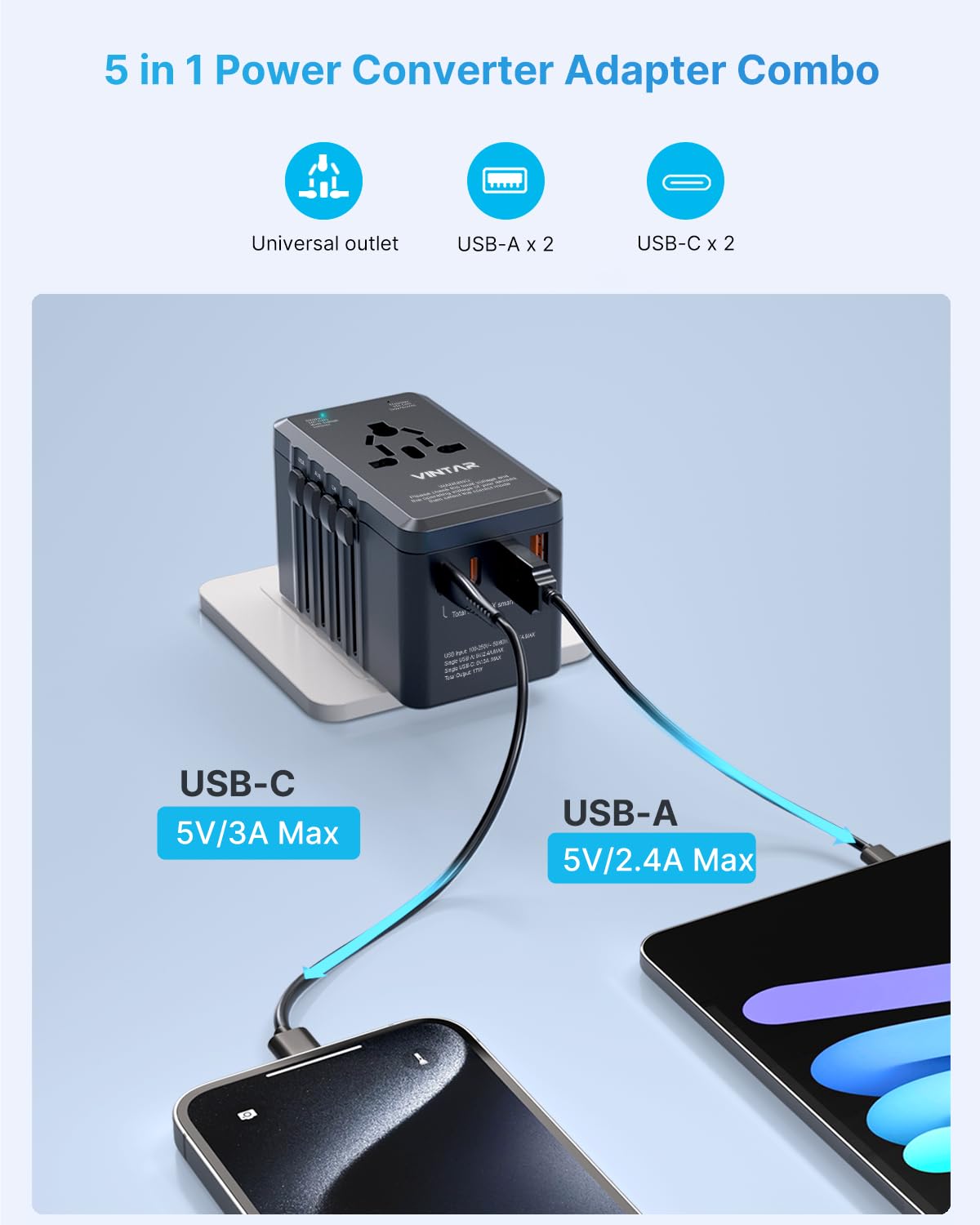 220V to 110V Universal Travel Adapter Voltage Converter, VINTAR 2000W International Plug Adapter for Hair Dryer with 2 USB A and 2 USB C, Step Down Power Converter Adapter Combo for US EU UK AUS