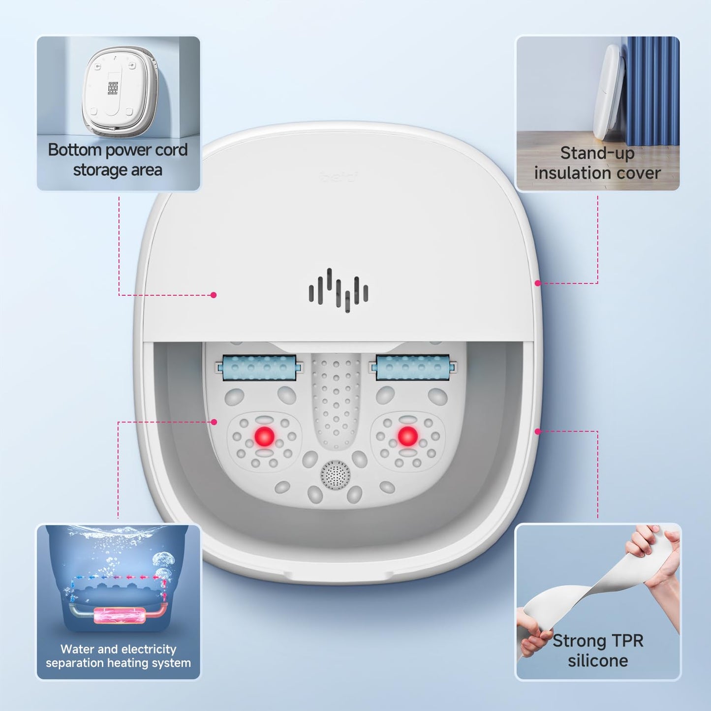 Collapsible Foot Spa Massage with Water and Electricity Separation System,Foot Bath with Three Level Temperature Control,Bubble,Remote,Red Light,Timer,and Four Set Non-Electric Massage Rolls