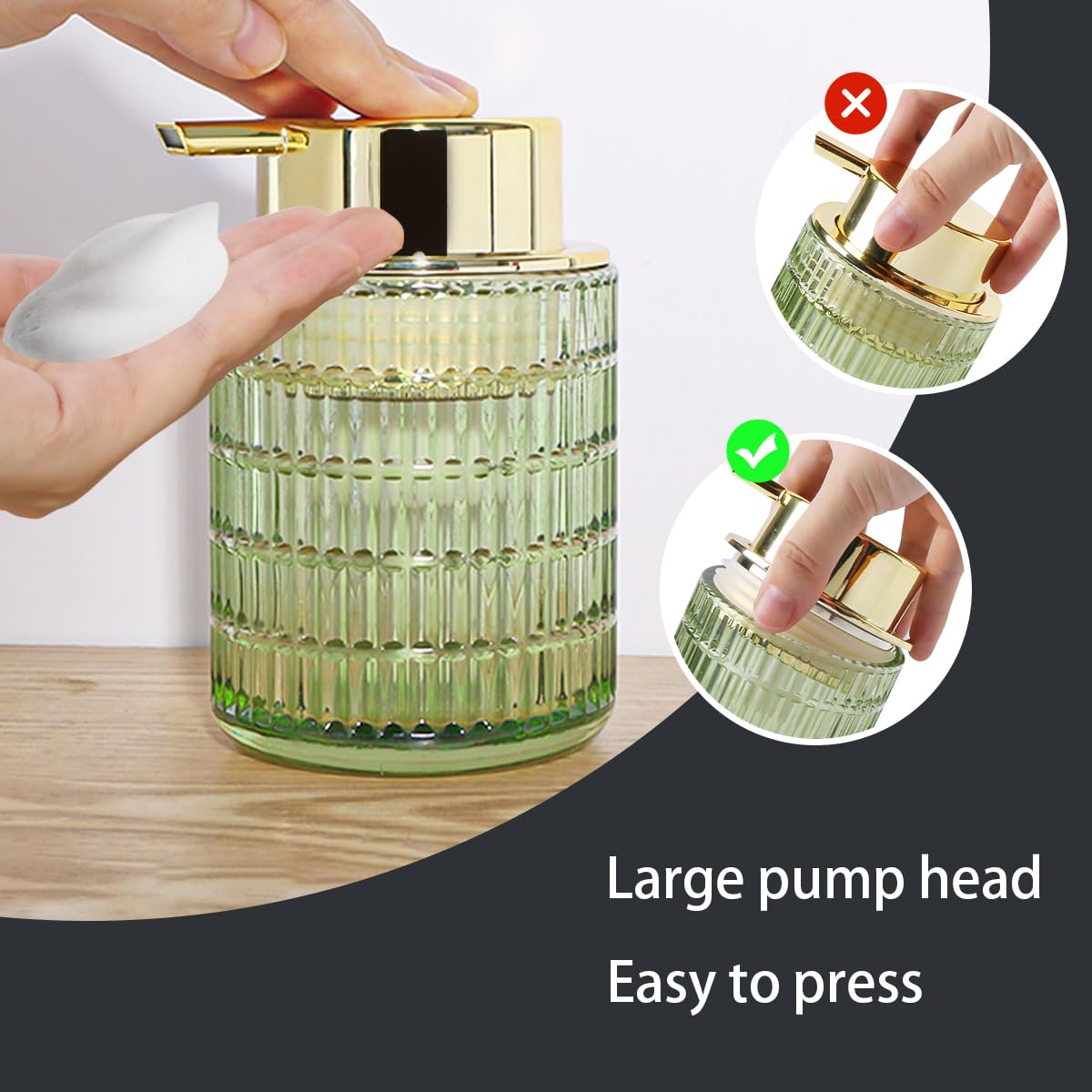 Tonxus Foaming Soap Dispenser,10 Oz Glass Foam Hand Soap Dispenser for Bathroom and Kitchen,Refillable Foaming Pump Bottle with Large Pump,Modern Striped Dish Soap Foam Dispenser (2, Green)